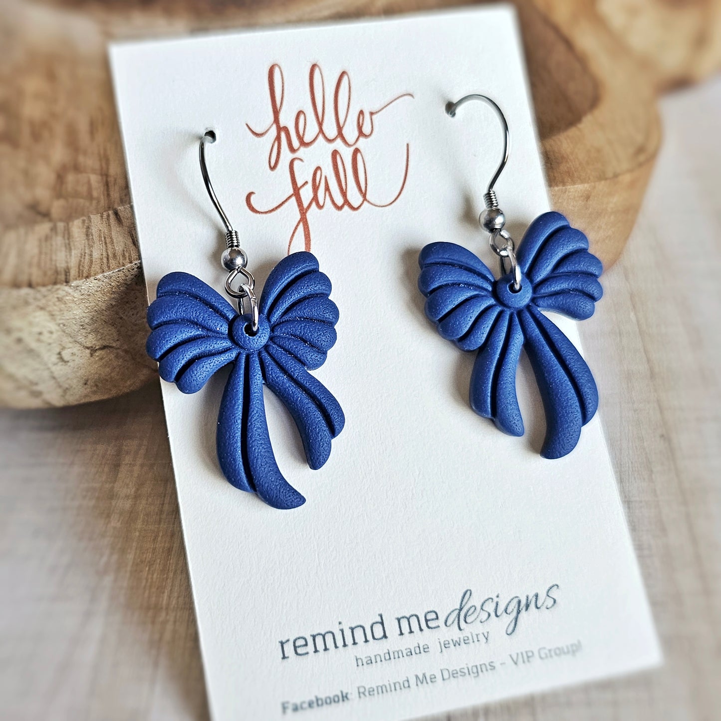 Navy Blue Clay Bow Dangle Earrings