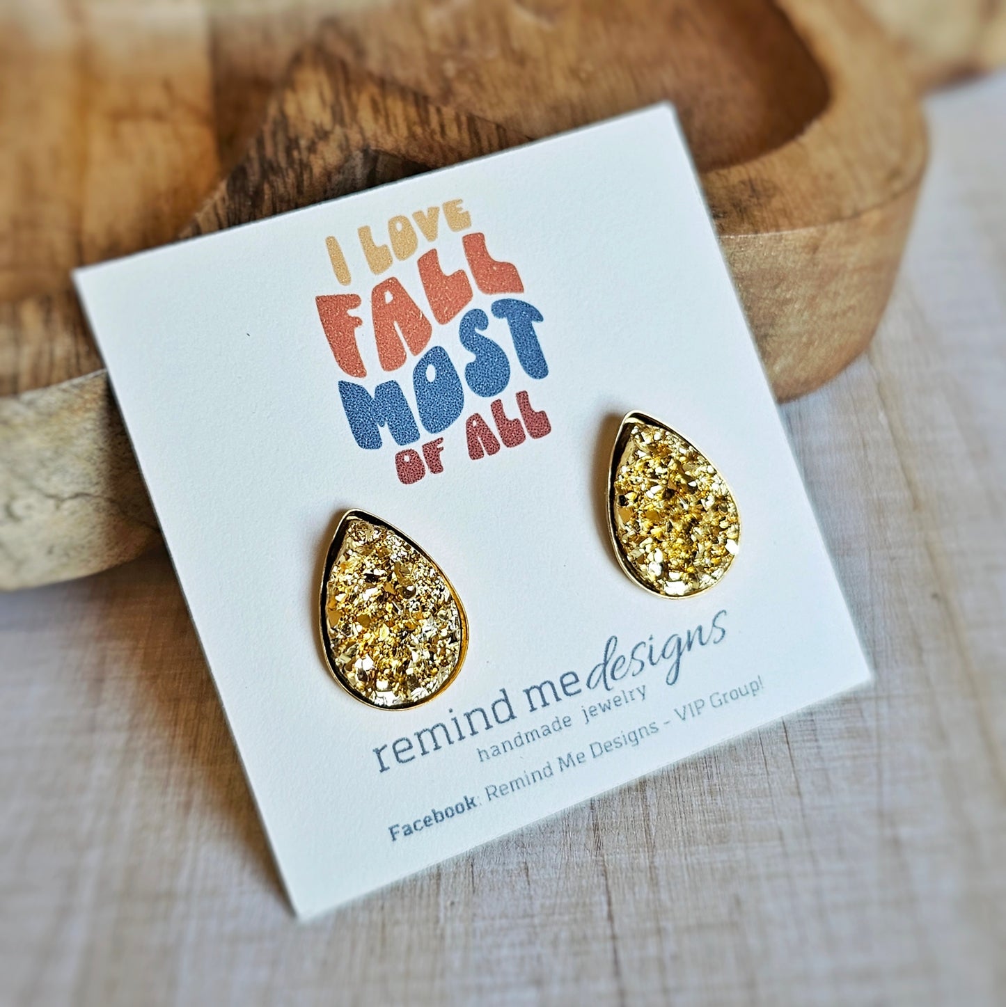 Teardrop Gold Druzy Stud Earrings