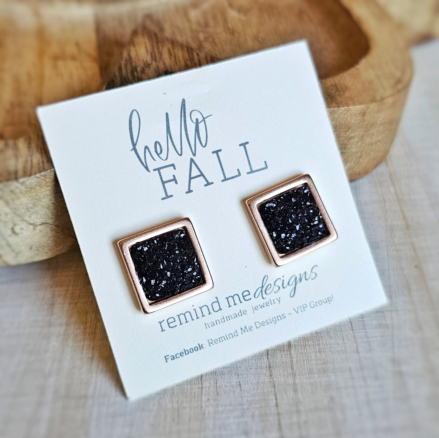 Square Black and Rose Gold Druzy Stud Earrings