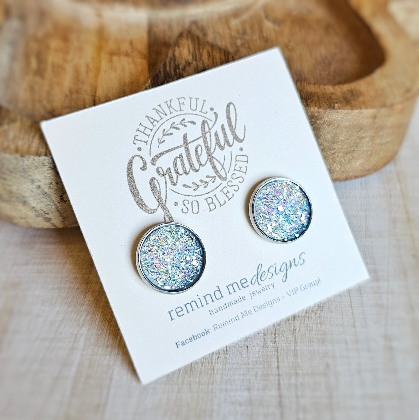 Iridescent Light Blue Druzy Stud Earrings