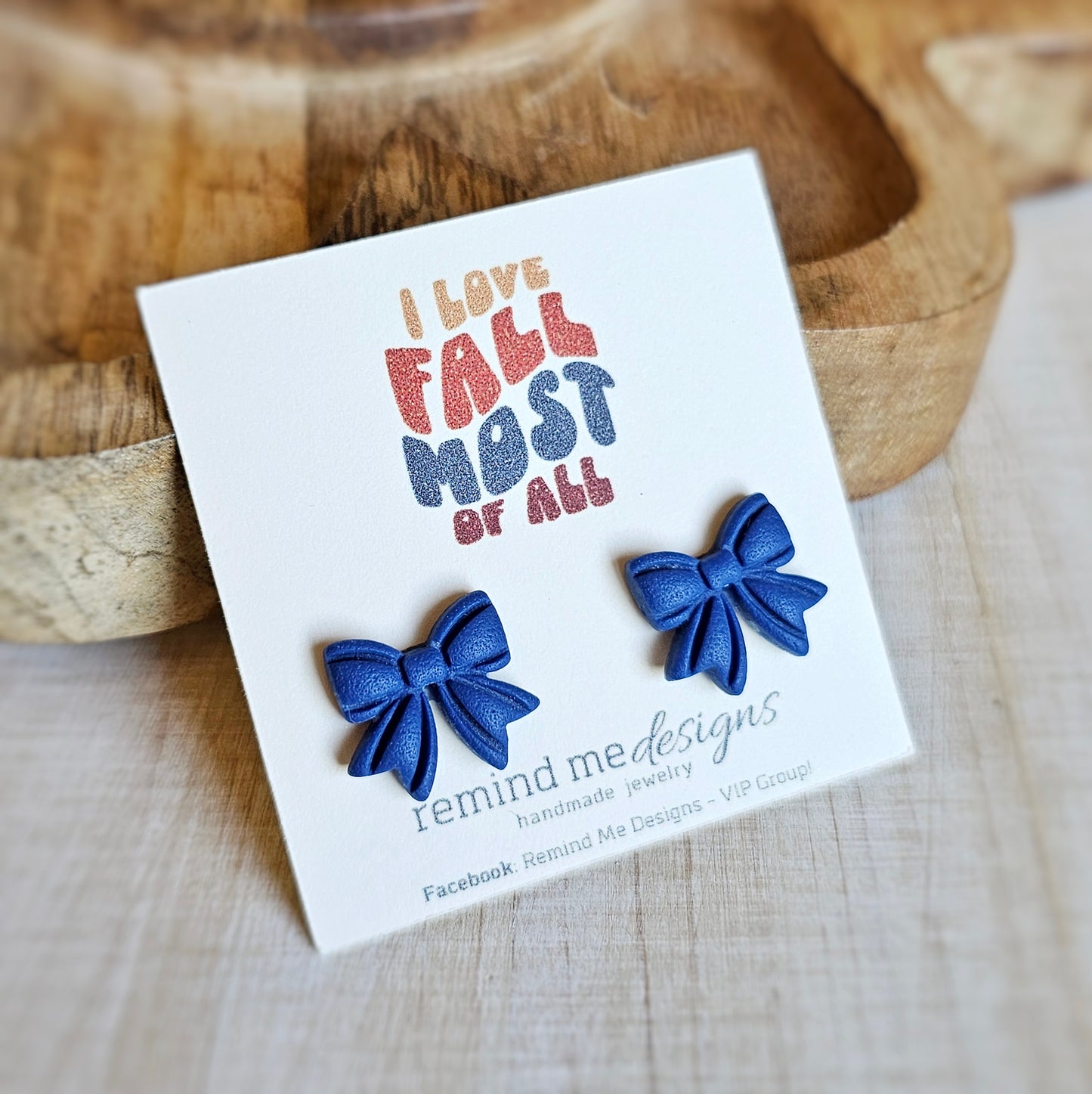 Navy Blue Bow Clay Studs