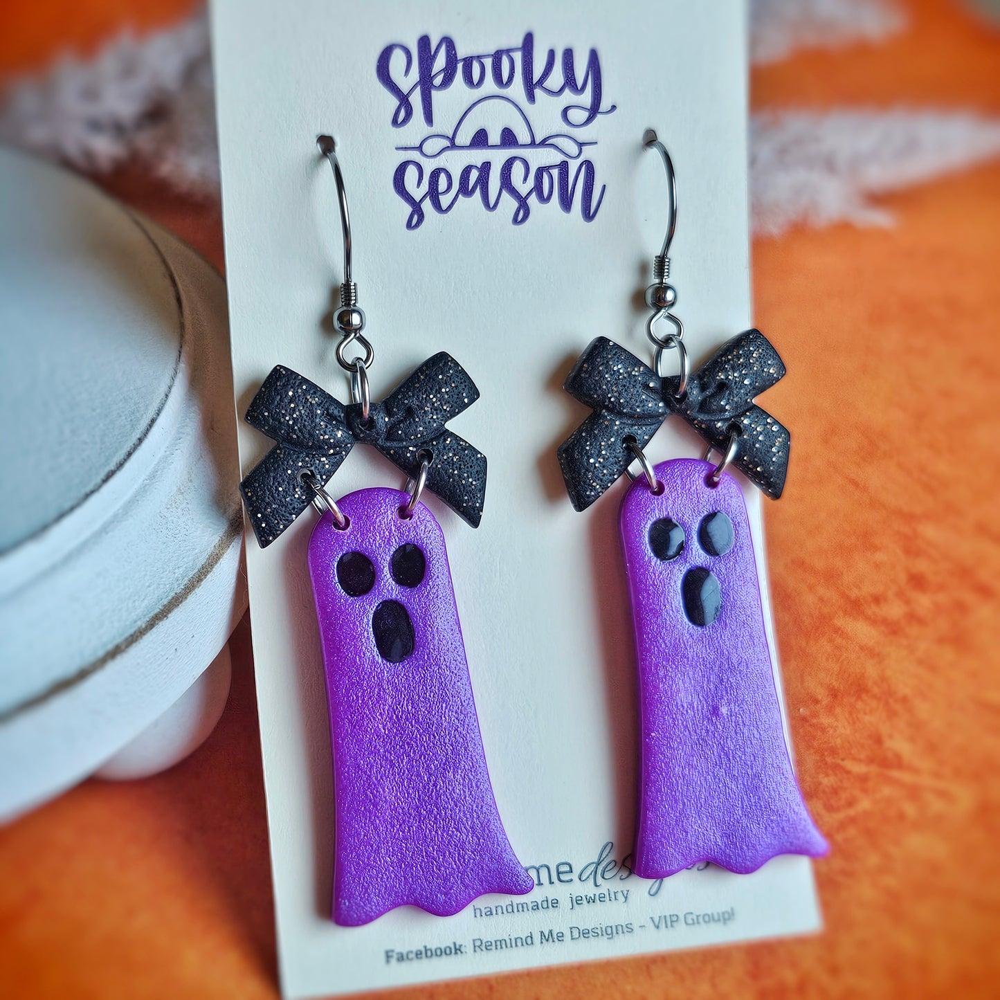 Long Purple Ghost with Bow Clay Dangle Earrings