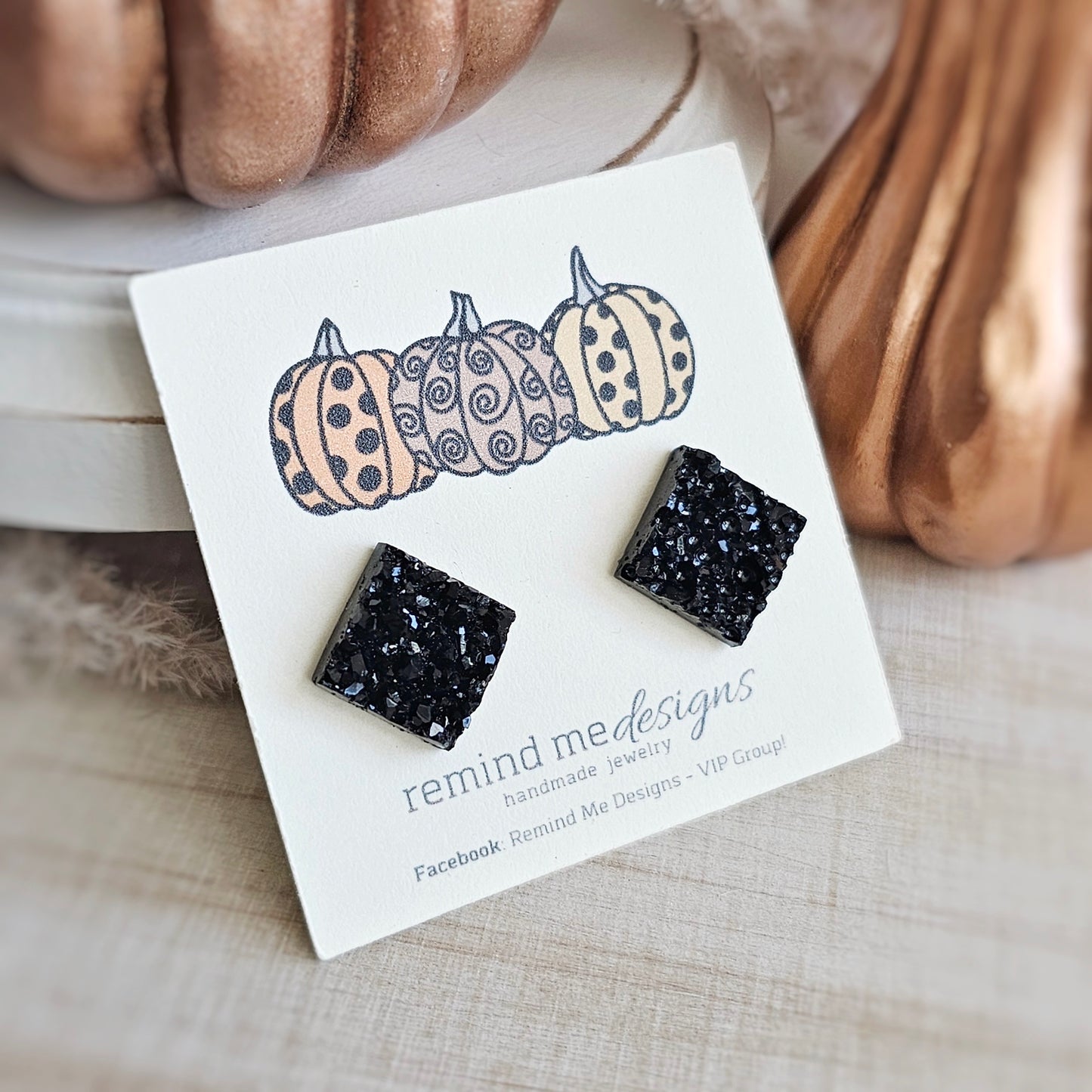 Black Square Druzy Stud Earrings