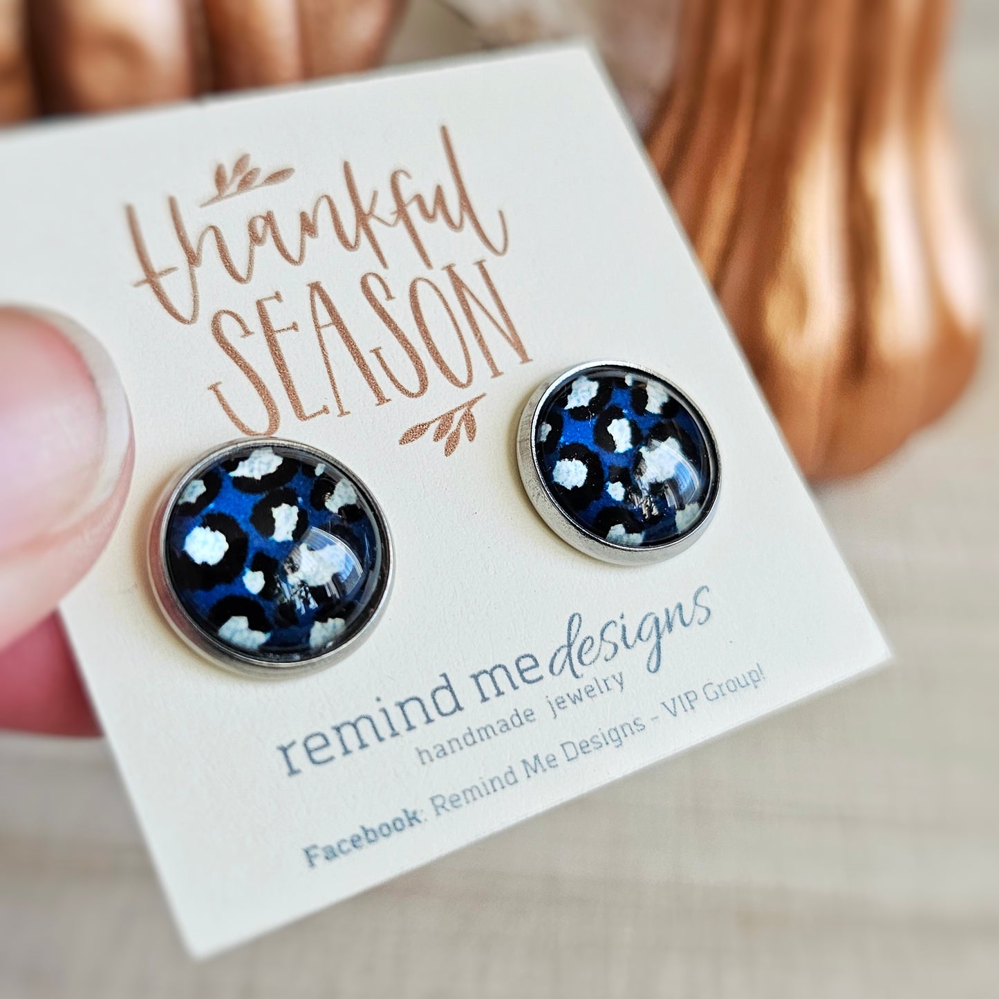 Navy Blue Leopard Stud Earrings