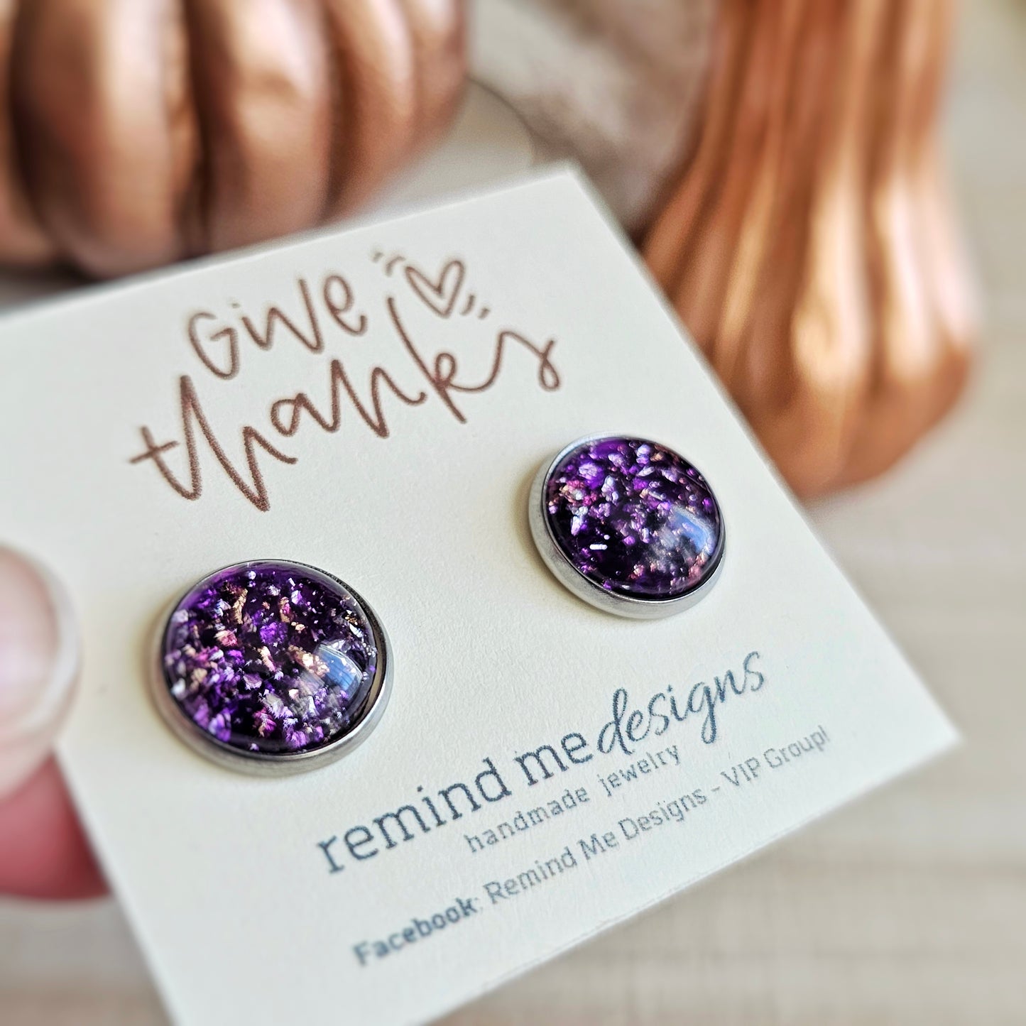 Purple and Gold Flake Resin Stud Earrings