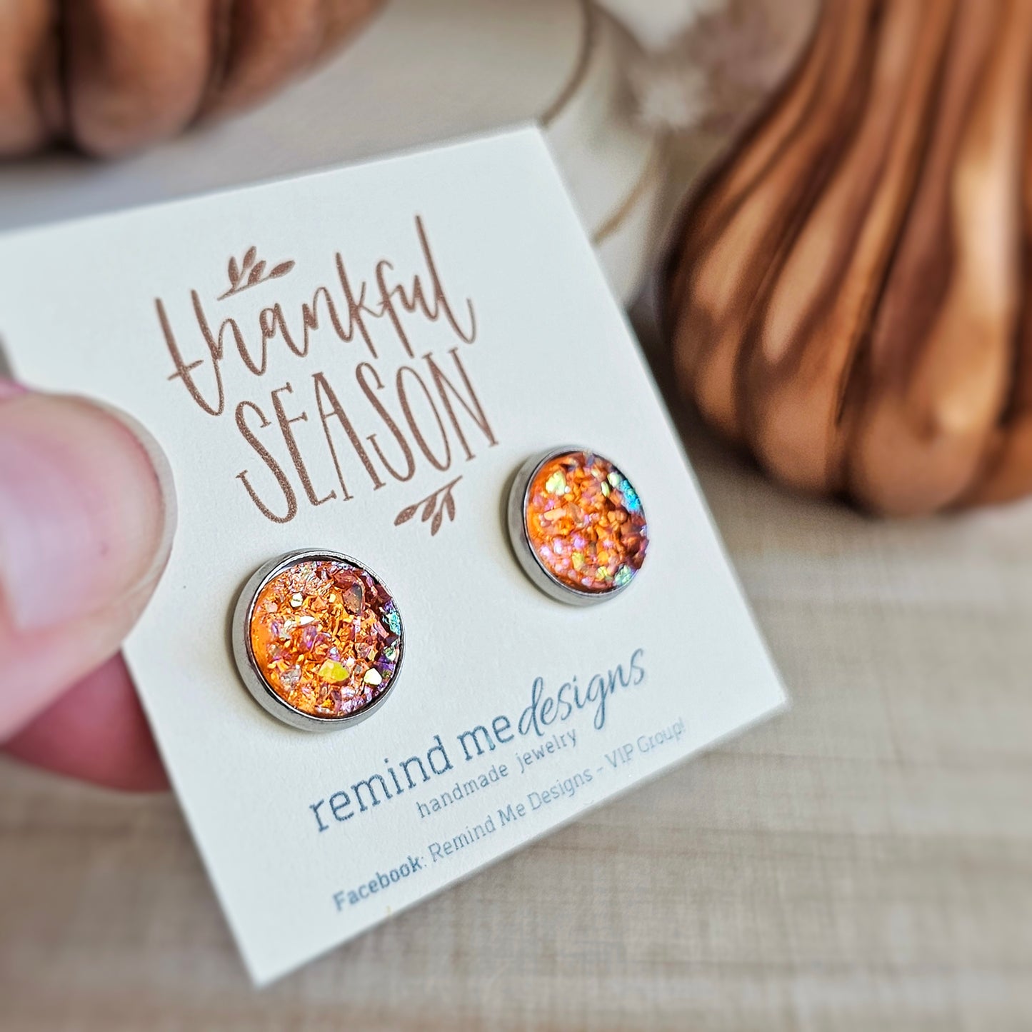 Orange Iridescent Druzy Stud Earrings