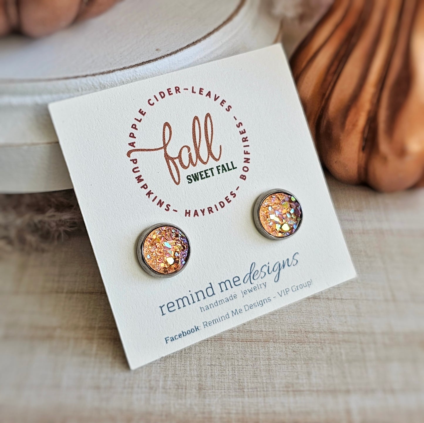 Light Orange Iridescent Druzy Stud Earrings