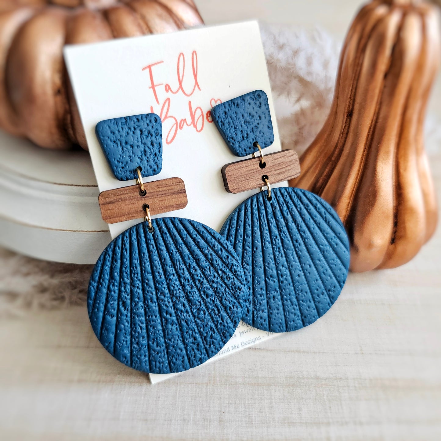 Dark Teal Clay and Wood Dangle Earrings