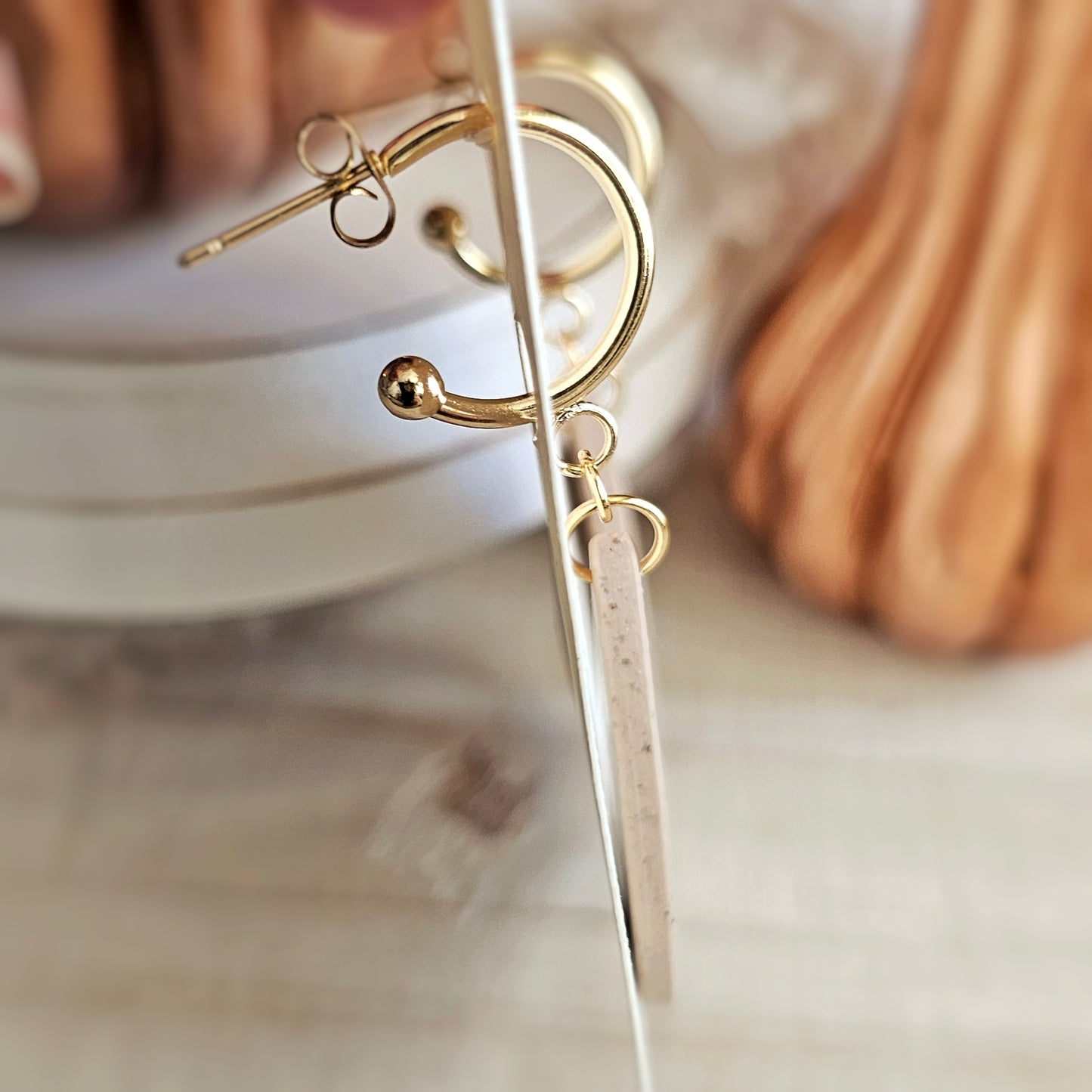 Tan and Gold Clay Teardrop Hoop Dangles