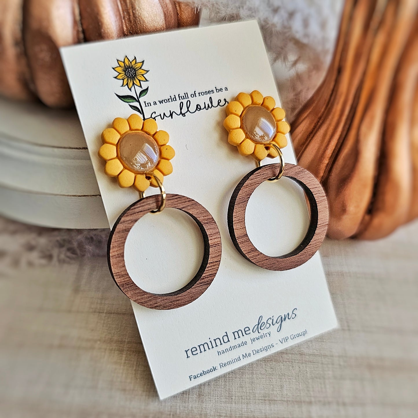 Mustard Yellow Sunflower and Wood Dangle Earrings