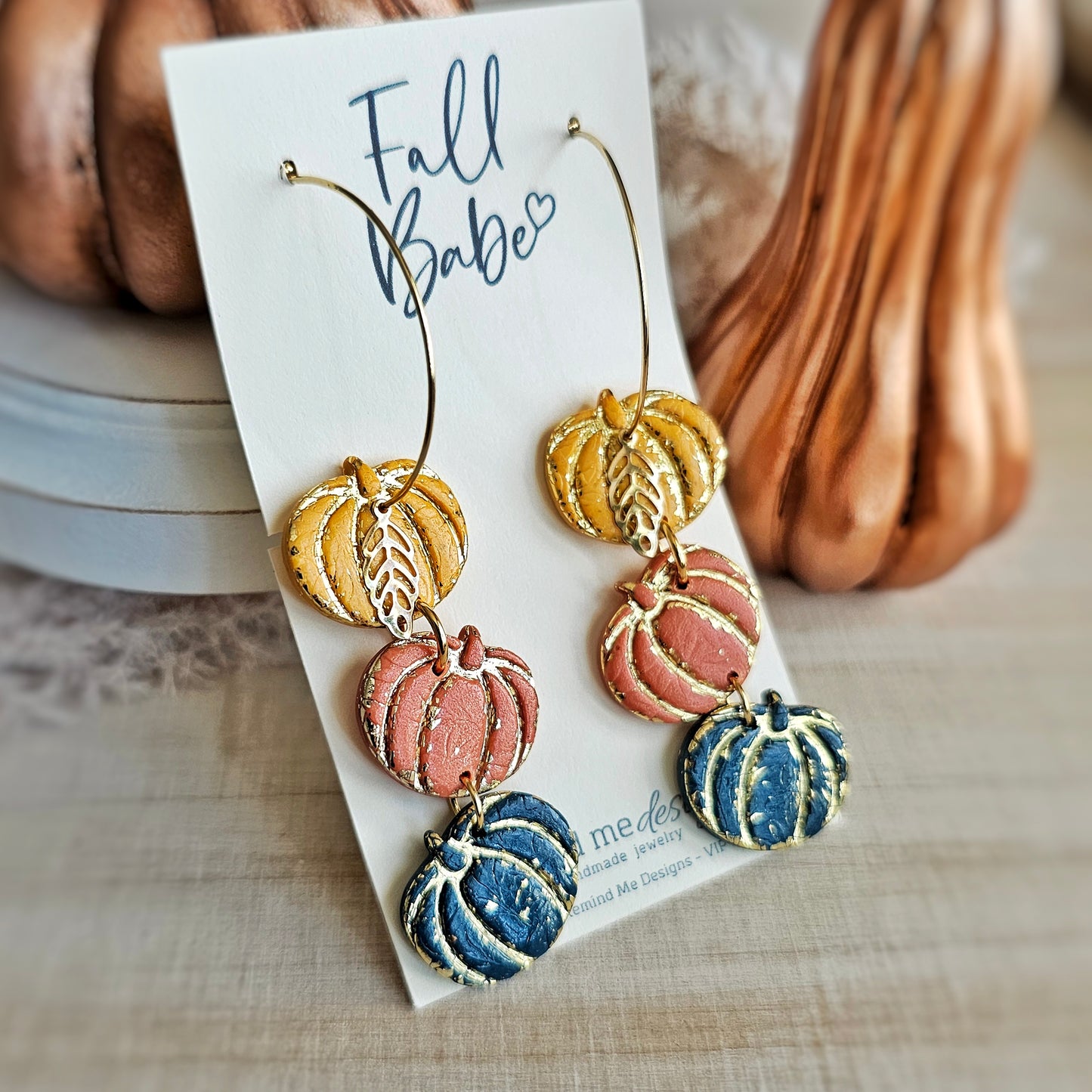 Mustard, Burnt Orange and Dark Turquoise Pumpkin Hoop Earrings