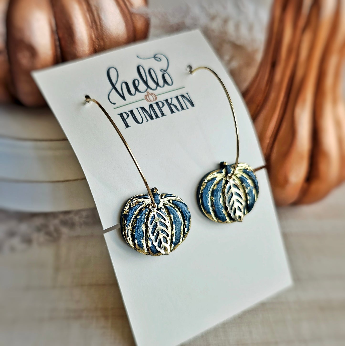 Dark Turquoise Pumpkin Clay Hoop Dangle Earrings