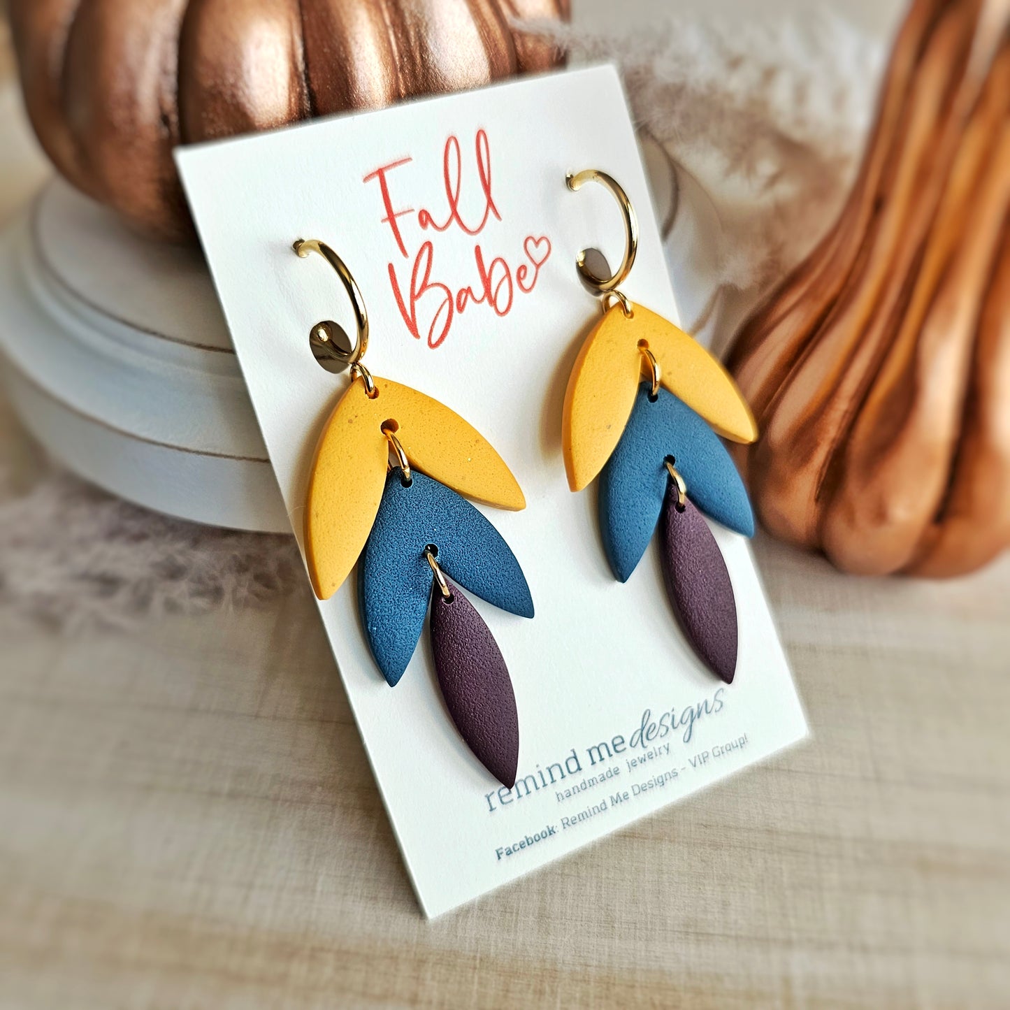 Mustard, Dark Teal, Purple Wine Clay Dangle Earrings