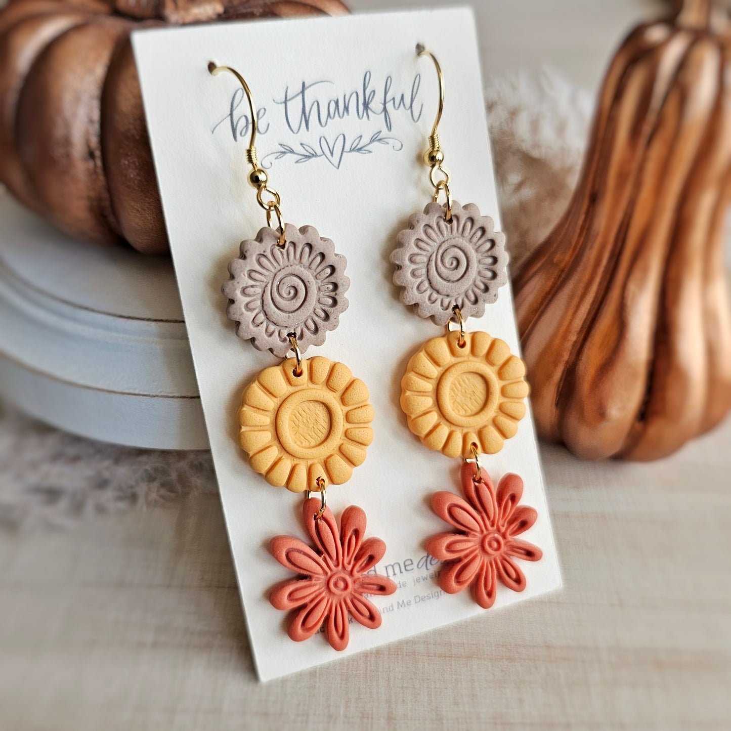 Tan, Yellow and Burnt Orange Floral Swirl Dangle Earrings