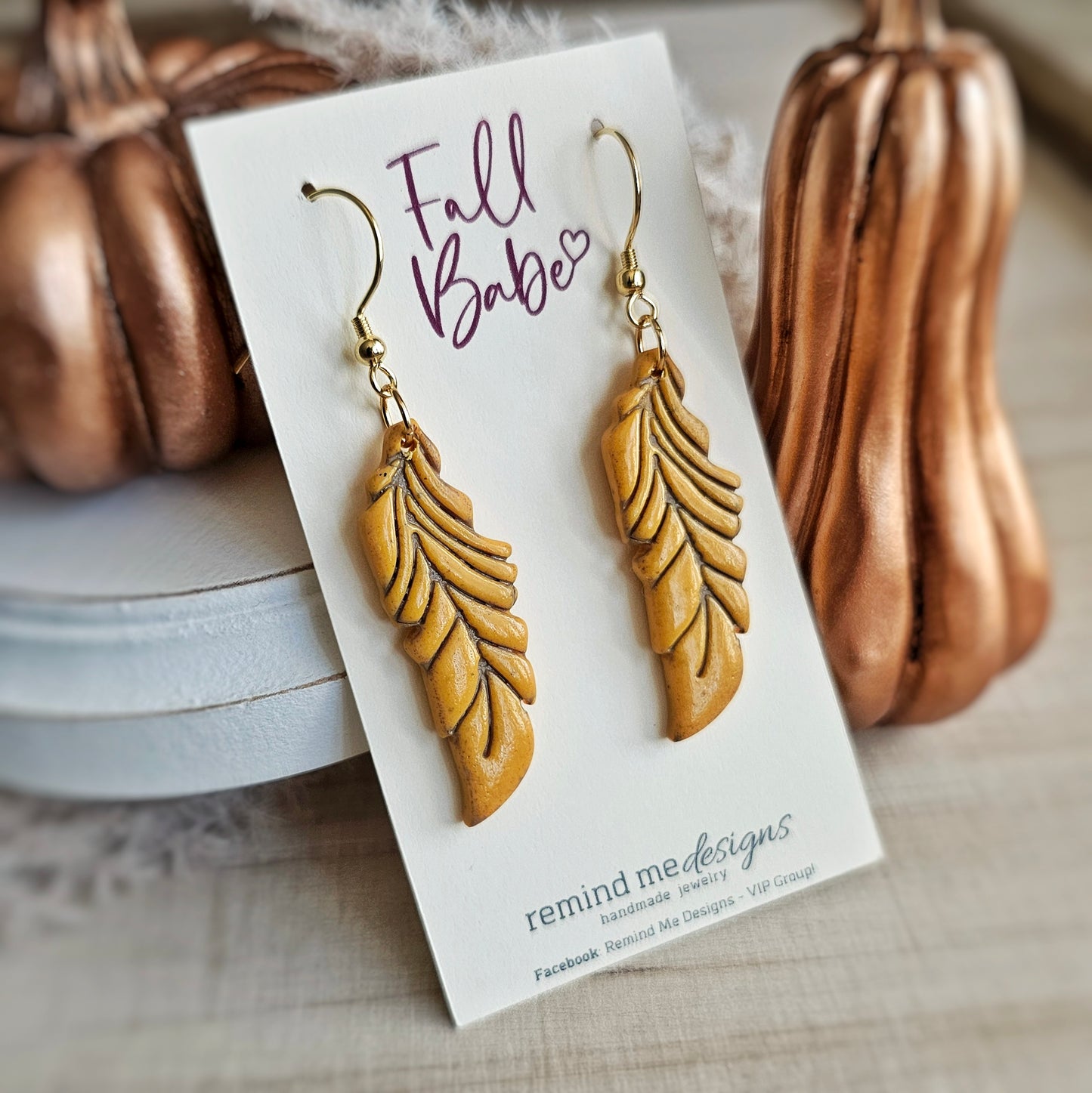 Mustard Yellow Feather Clay Dangle Earrings