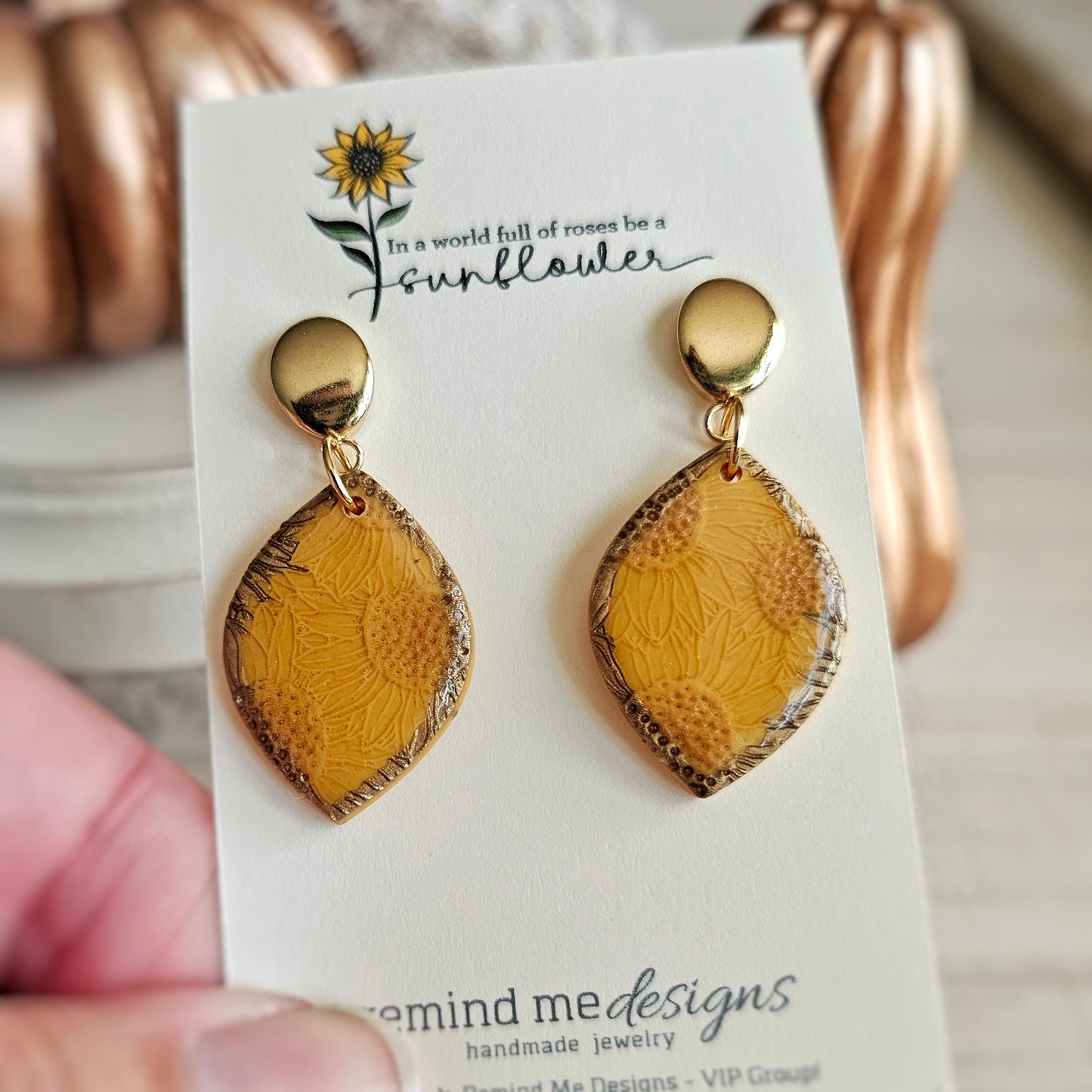 Mustard Yellow Sunflower Print with Gold Clay Dangle Earrings