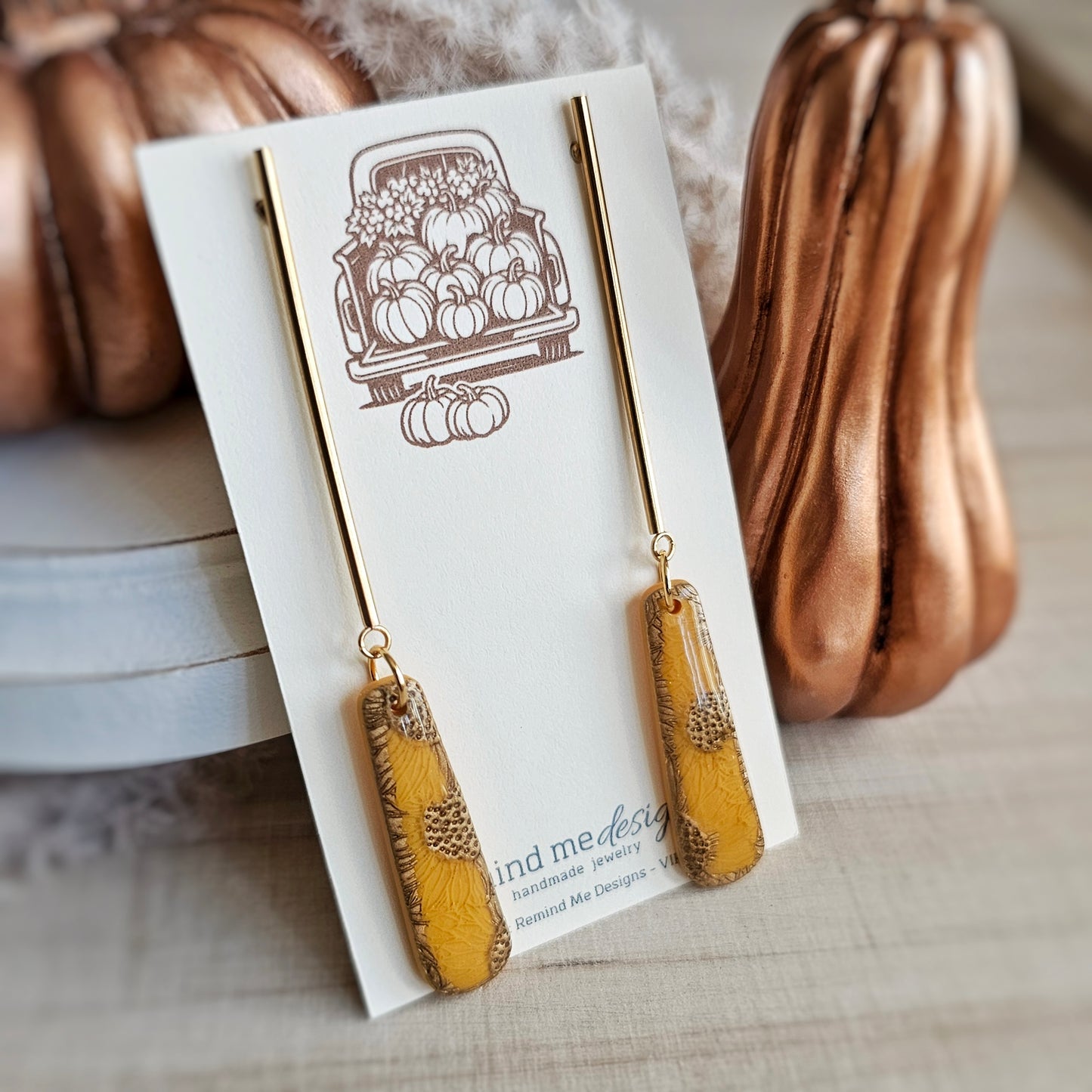 Mustard Yellow Sunflower Print with Gold Clay Dangle Earrings