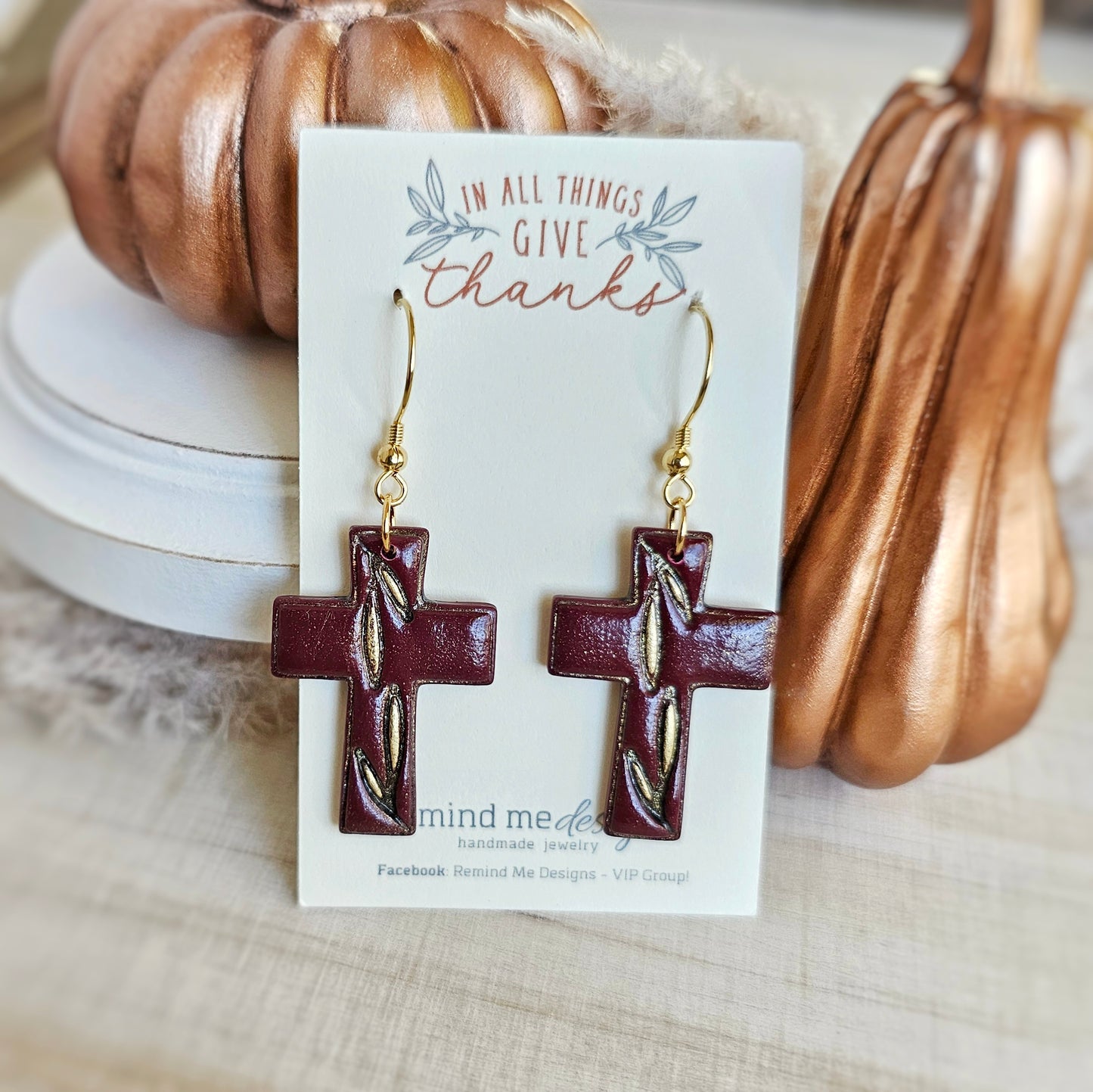 Mulberry Purple Cross Clay Dangle Earrings
