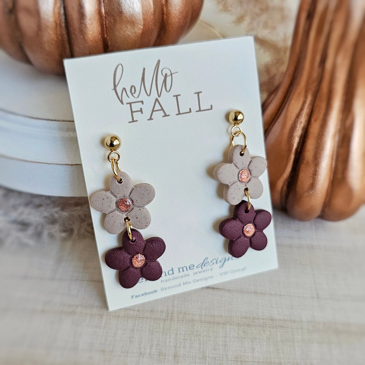 Light Tan and Mulberry Purple Flower Clay Dangles
