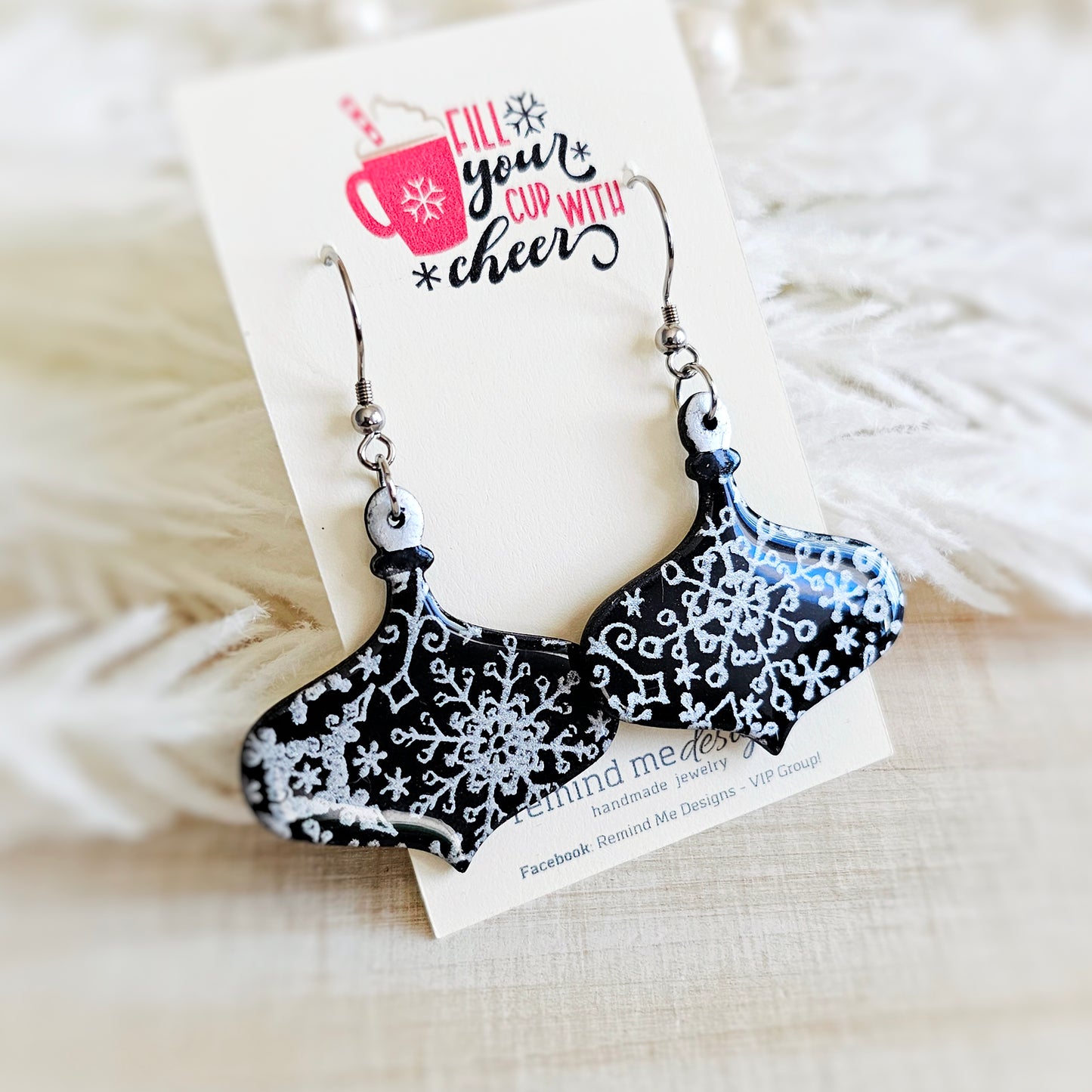 Black and Silver Snowflake Dangle Earrings