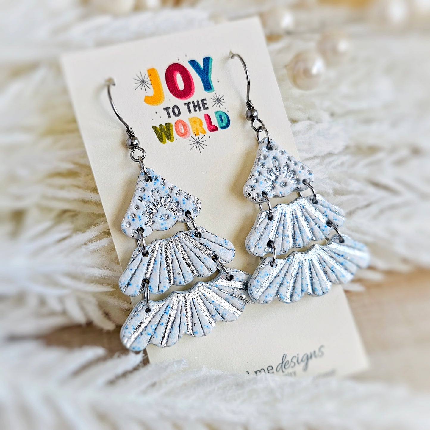 White with Blue Flake and Silver Christmas Dangle Earrings