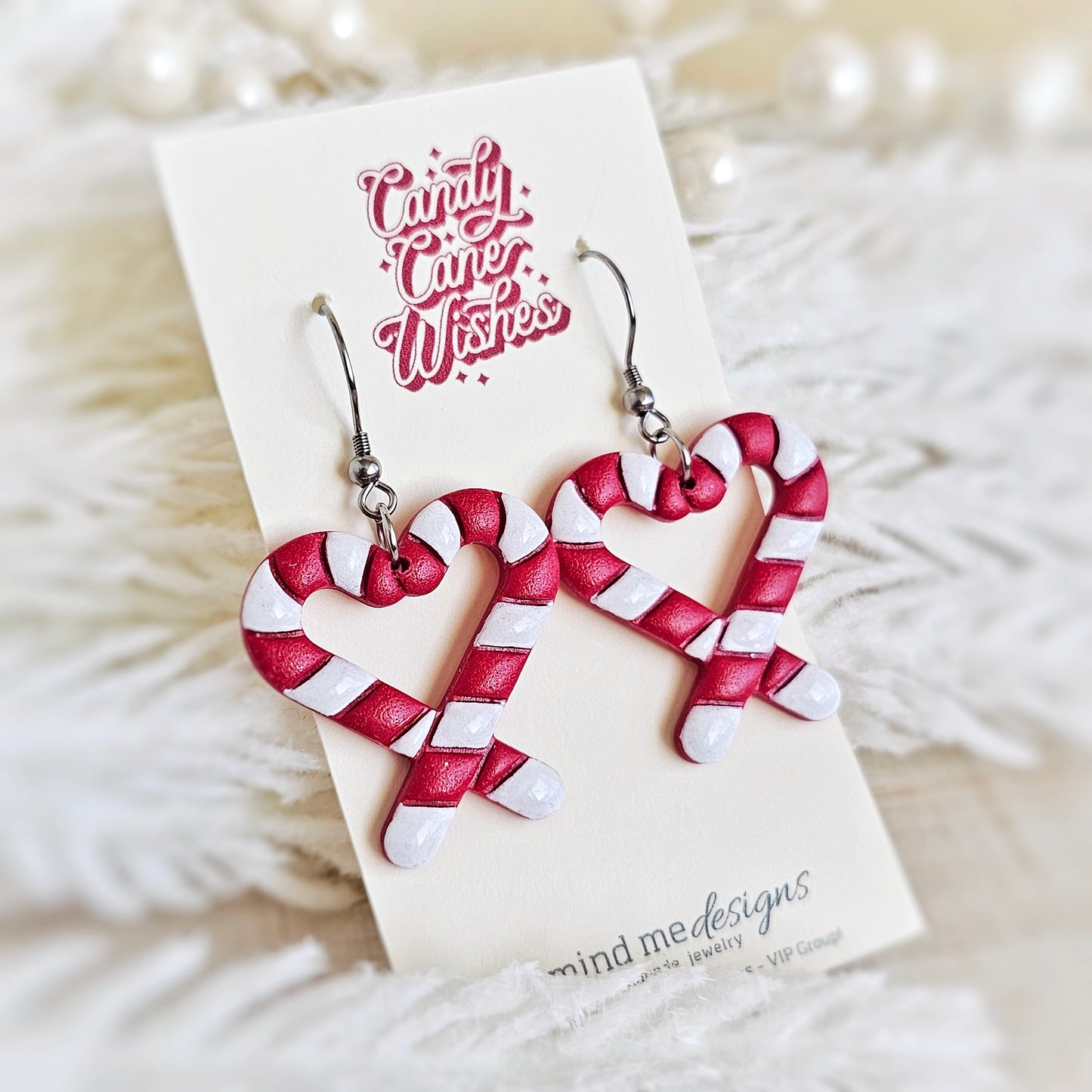 Red and White Candy Cane Heart Dangle Earrings