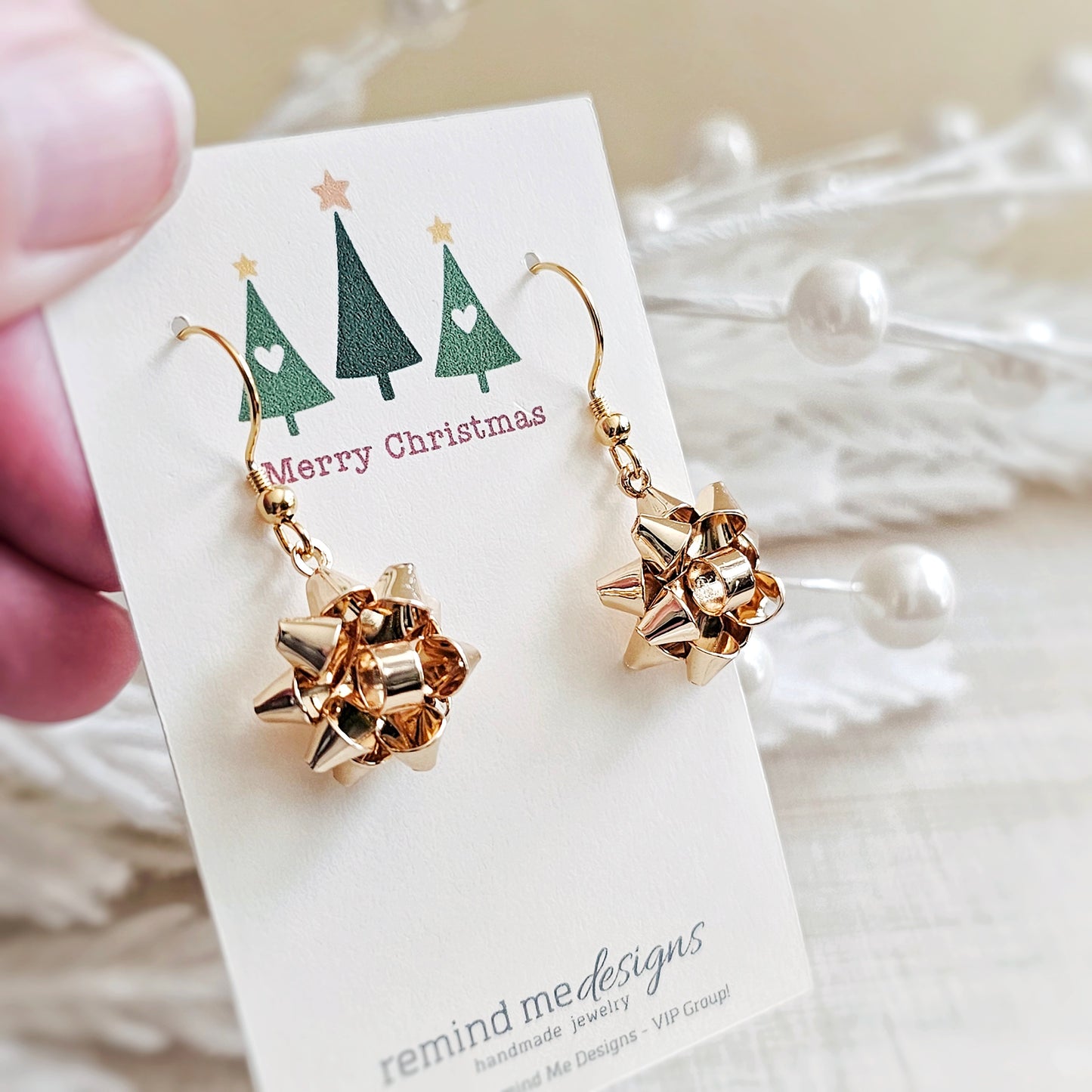 Gold Metal Christmas Gift Bow Dangle Earrings