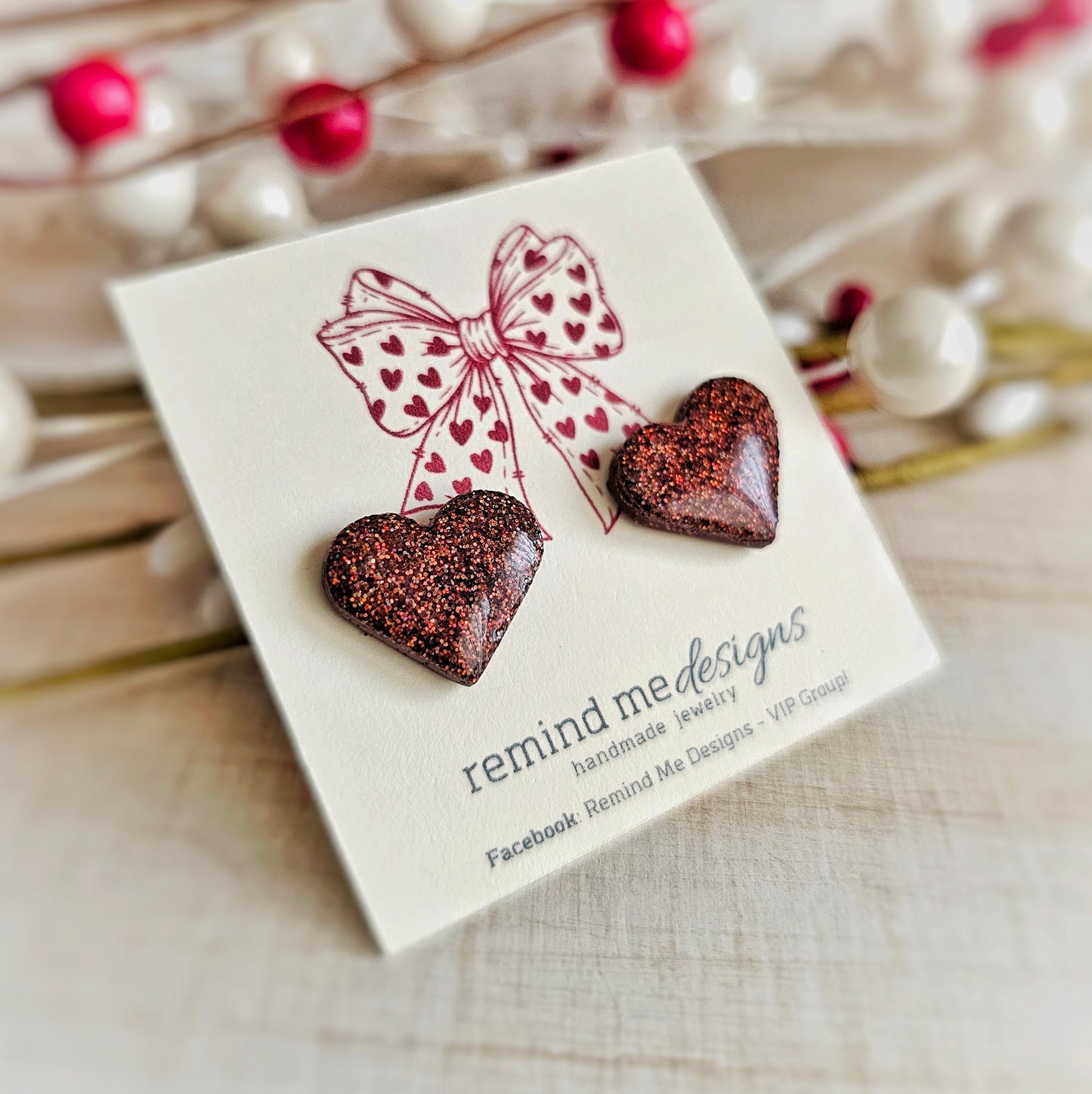 Brown Glitter Heart Valentine's Clay Studs