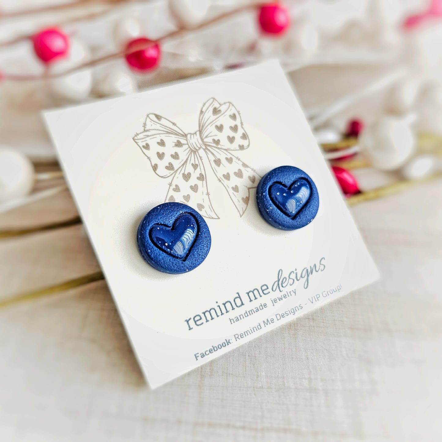 Navy Heart Valentine's Clay Studs