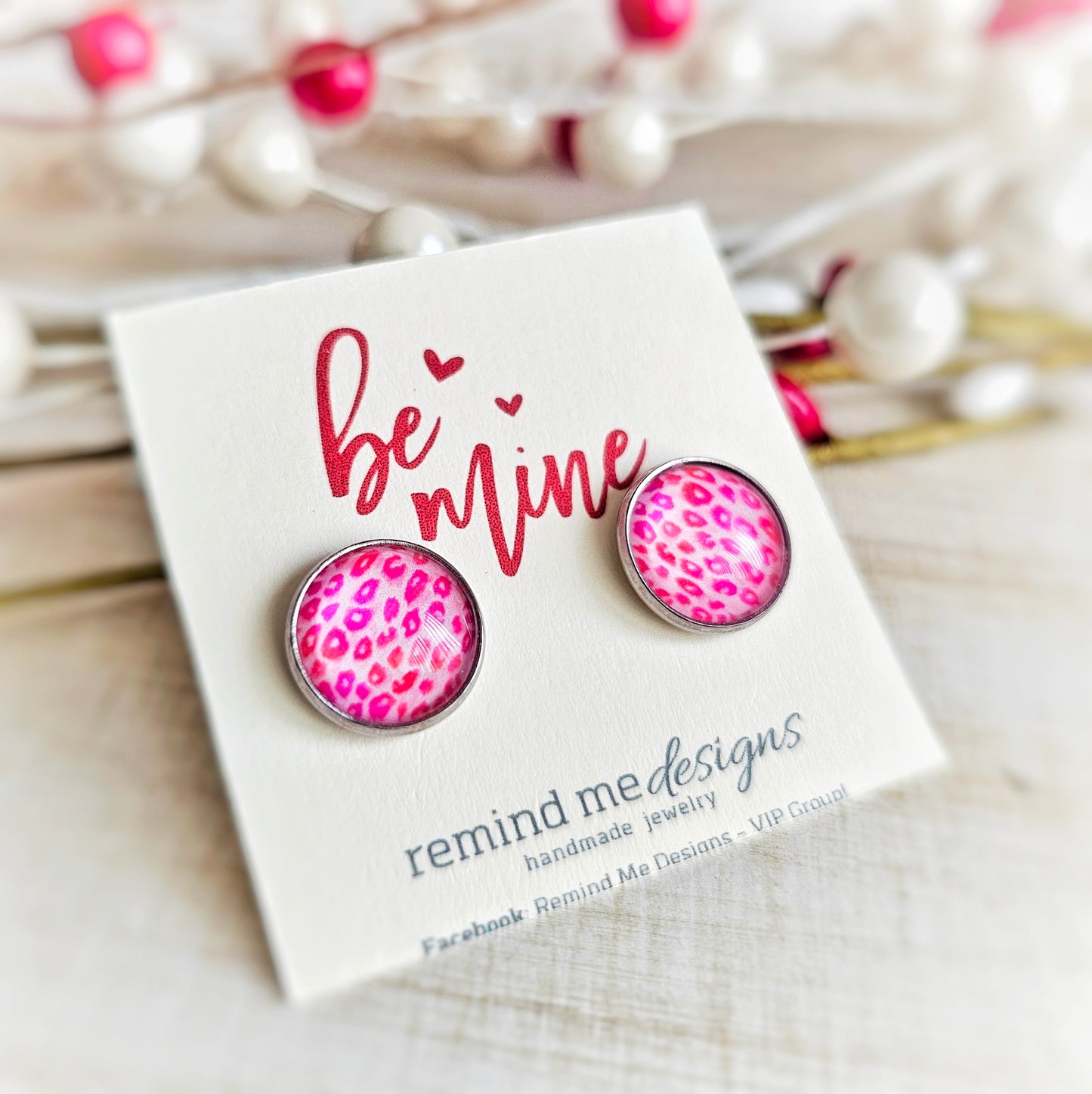 Pink Leopard Print Valentine's Glass Cabochon Studs