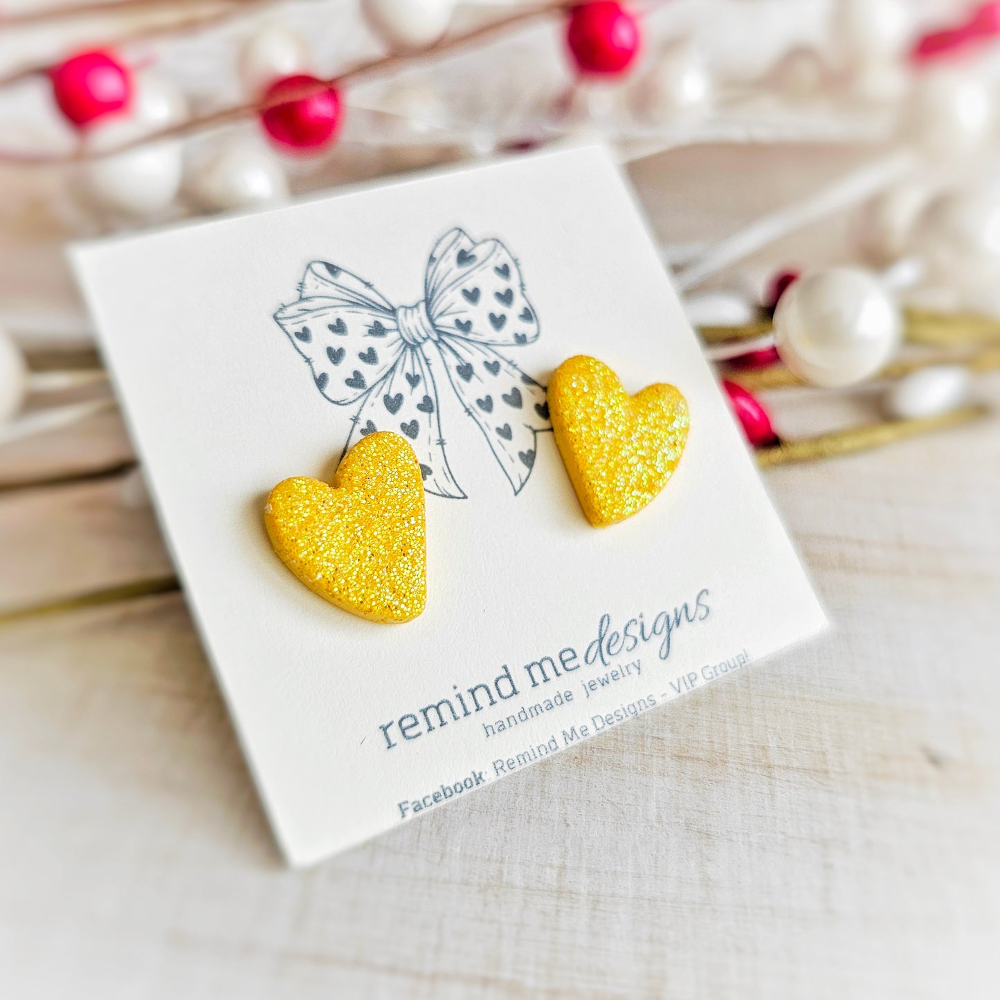 Yellow Glitter Heart Valentine's Clay Studs