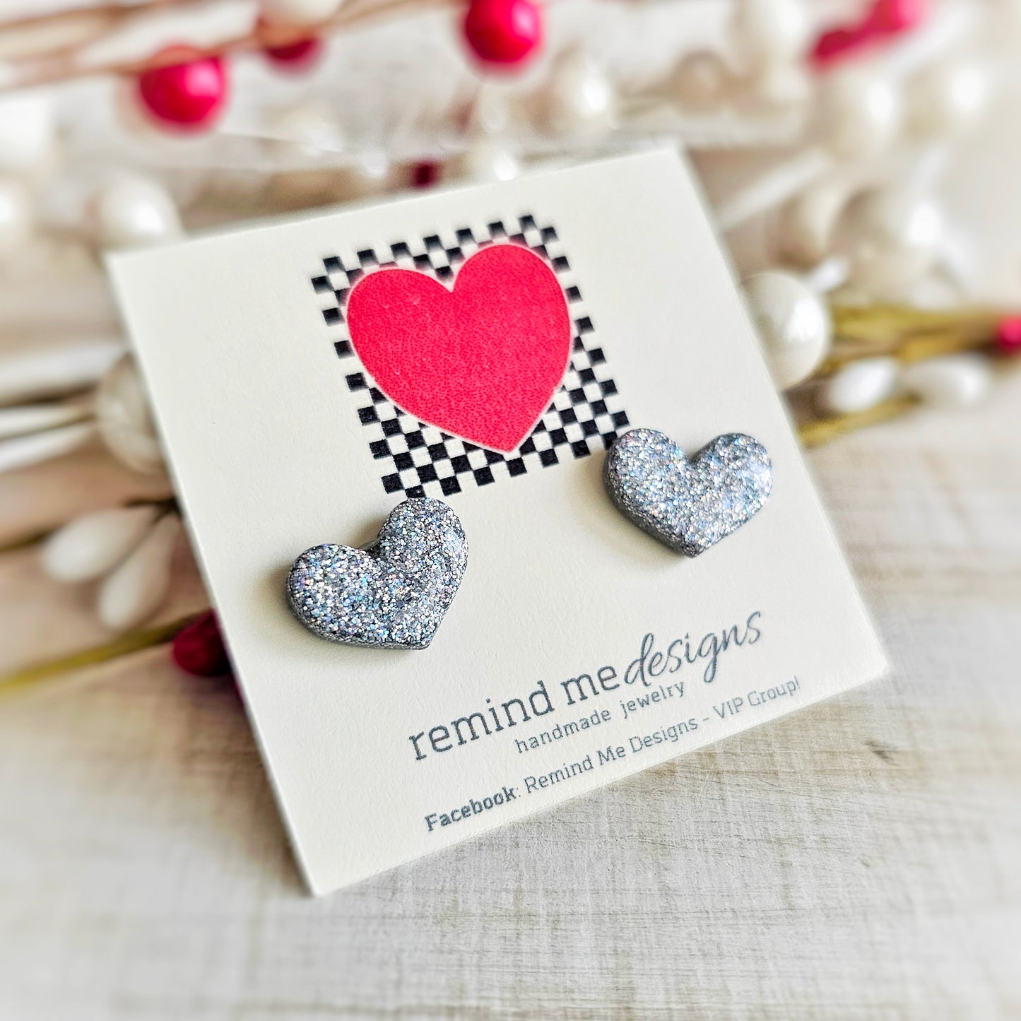 Holographic Silver Glitter Heart Valentine's Clay Studs