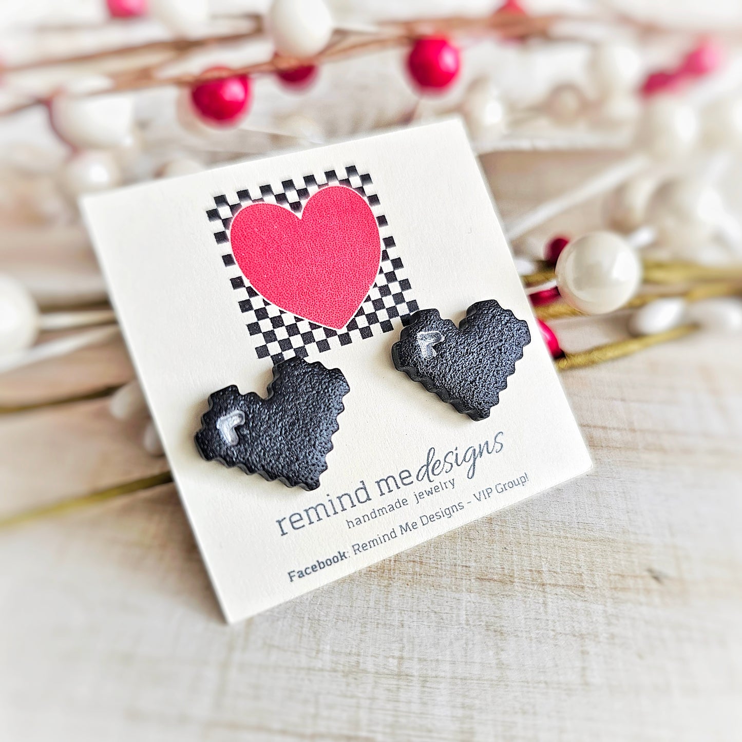 Black Pixeled Heart Valentine's Clay Studs