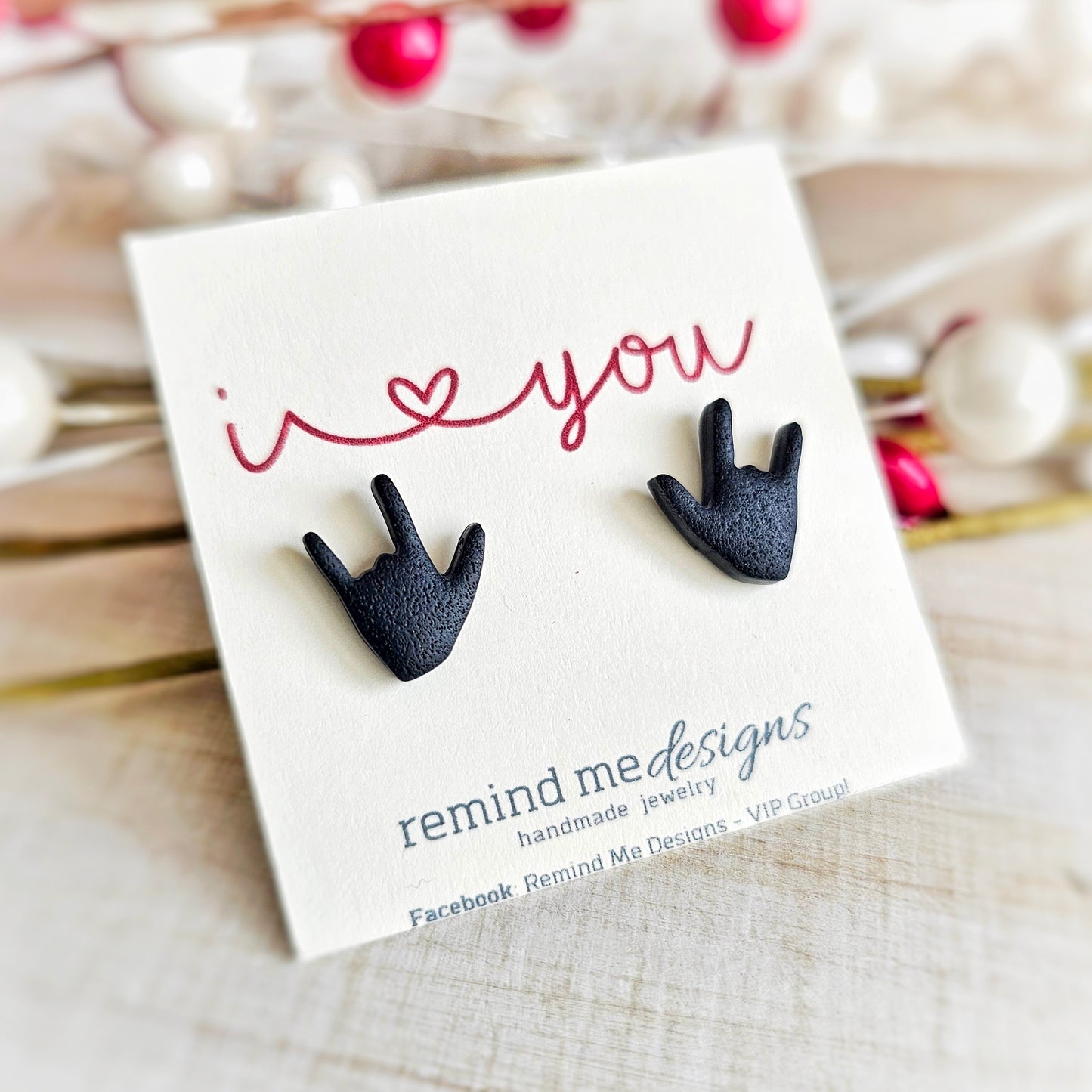 I Love You Hand Sign Valentine's Black Clay Studs