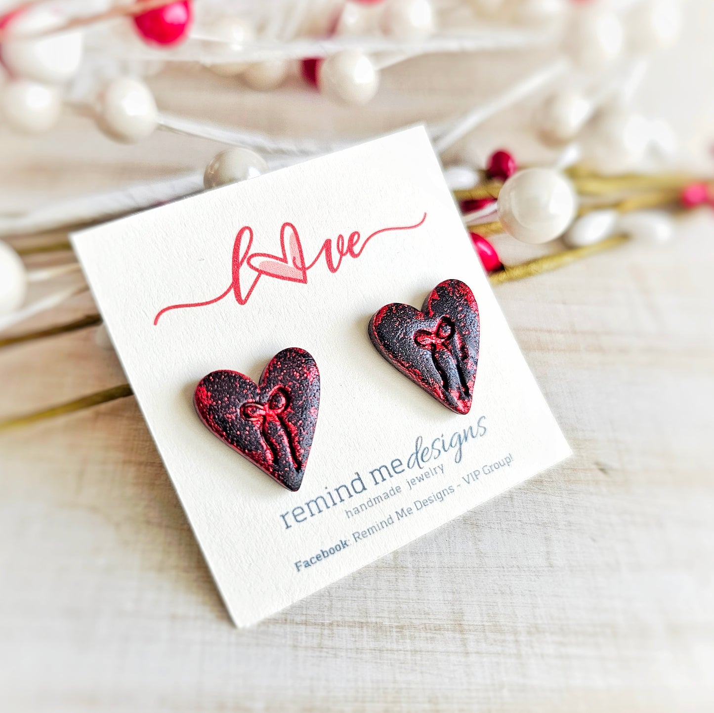Black and Red Foil Heart Valentine's Clay Studs