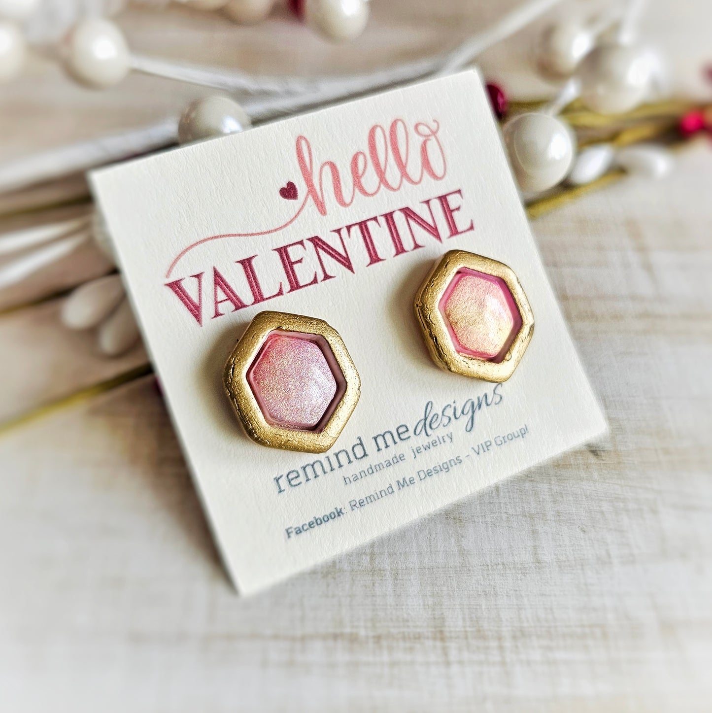 Pearled Pink Gold Lined Valentine's Clay Studs