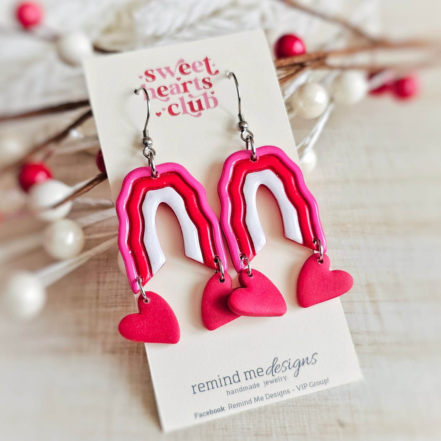 Pink and Red Rainbow Hearts Valentine's Clay Dangle Earrings