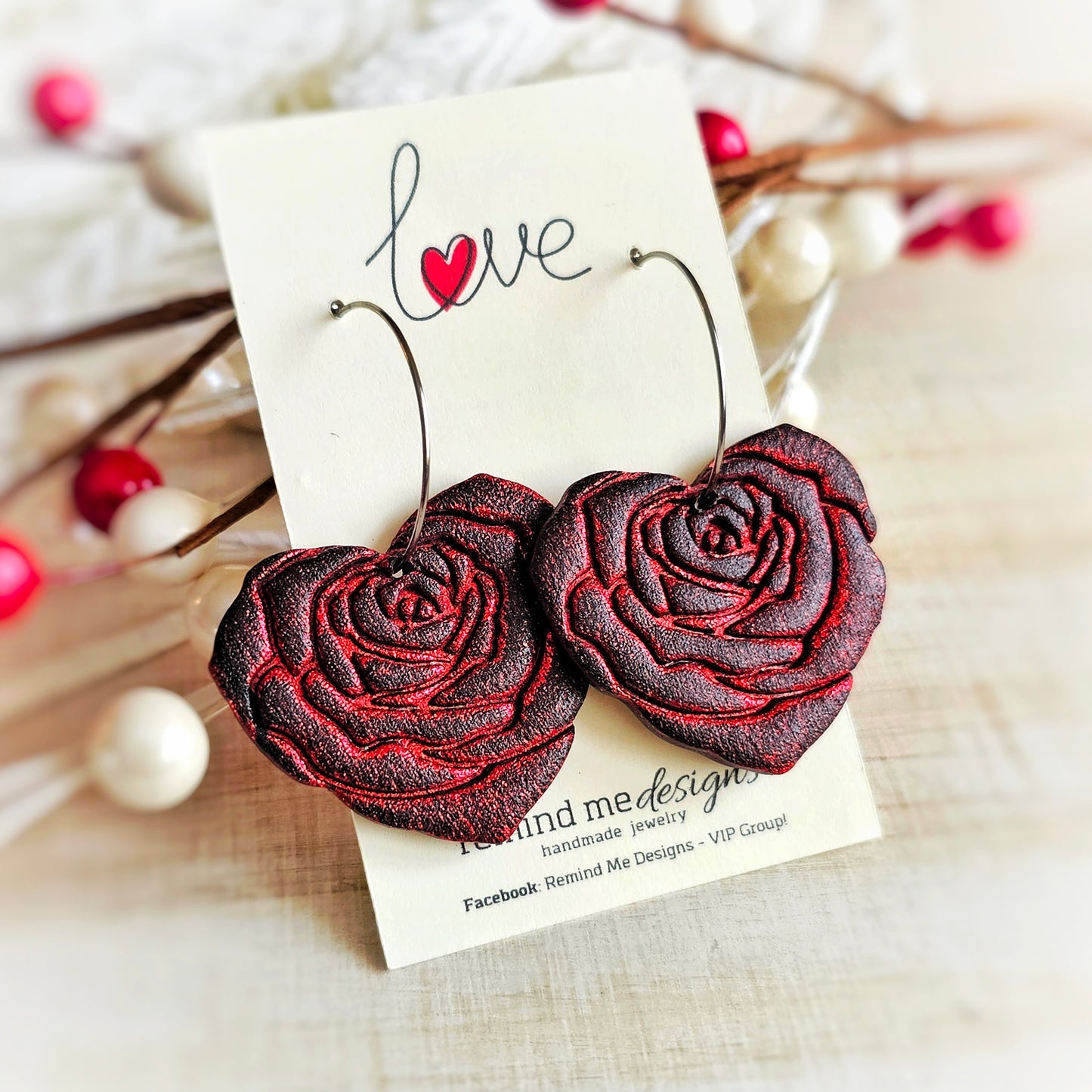 Black and Red Rose Valentine's Clay Dangle Hoop Earrings
