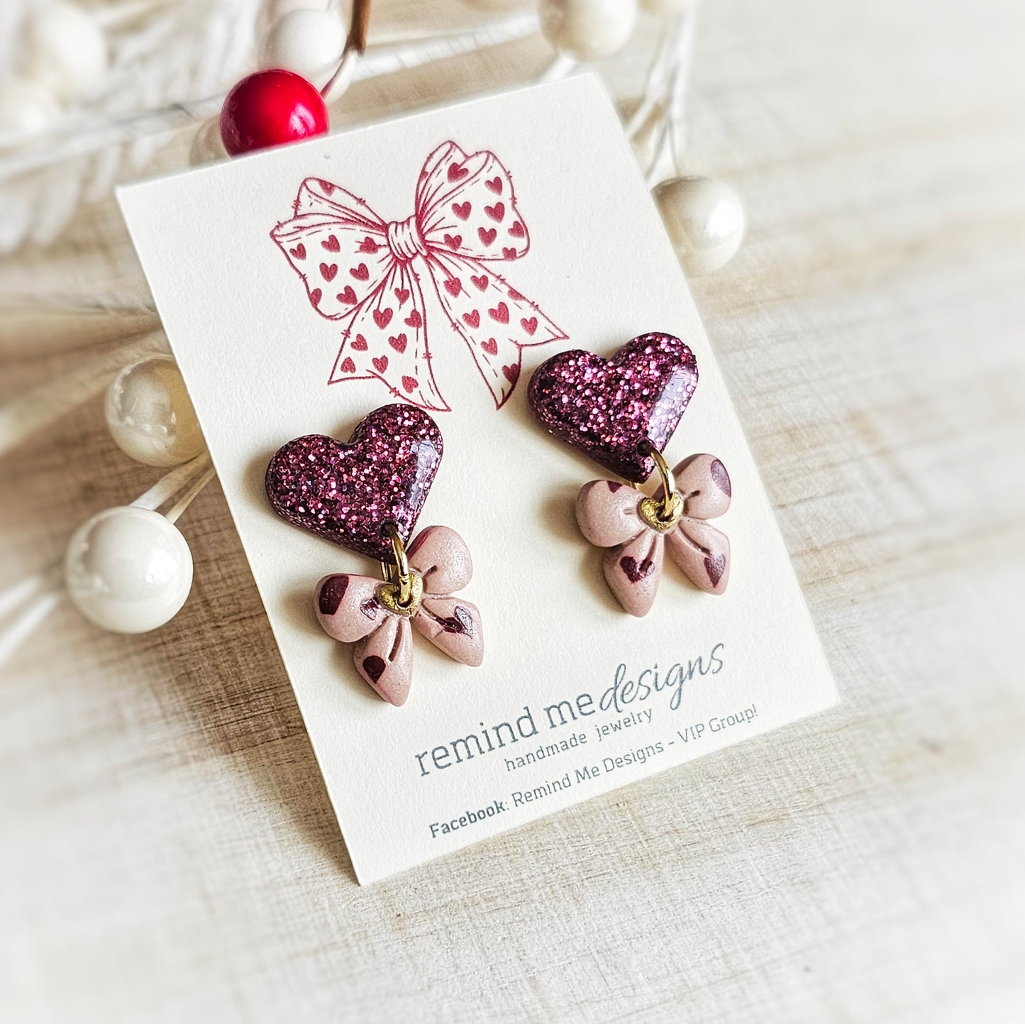 Burgandy Glitter Heart and Almond Rose Bow Valentine's Earrings