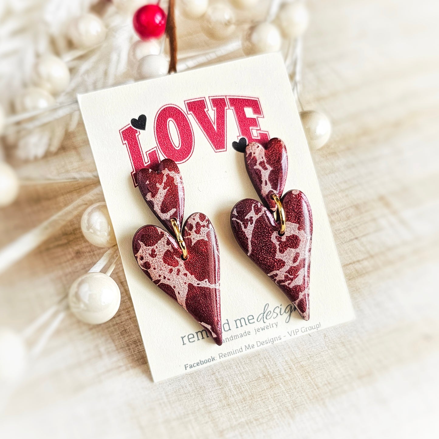 Marbled Burgandy Hearts Valentine's Earrings