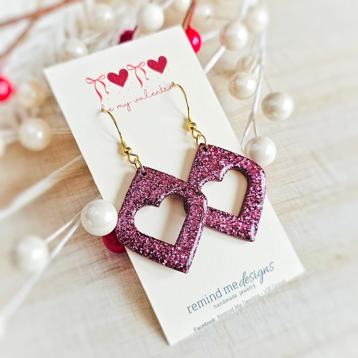 Burgandy Glitter Hearts Valentine's Clay Dangle Earrings