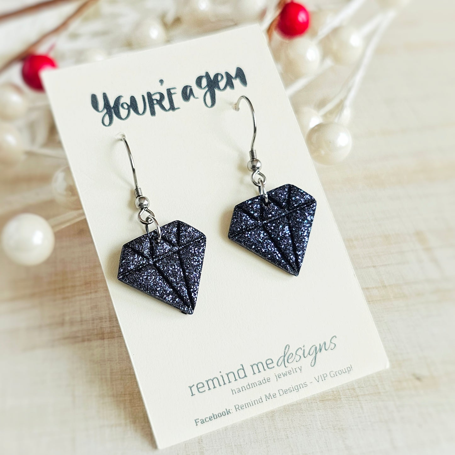 Dark Blue Glitter Diamonds Valentine's Clay Dangle Earrings