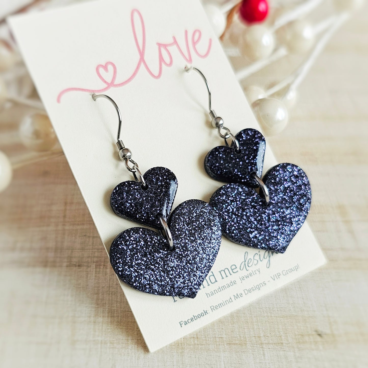 Dark Blue Glitter Hearts Valentine's Clay Dangle Earrings