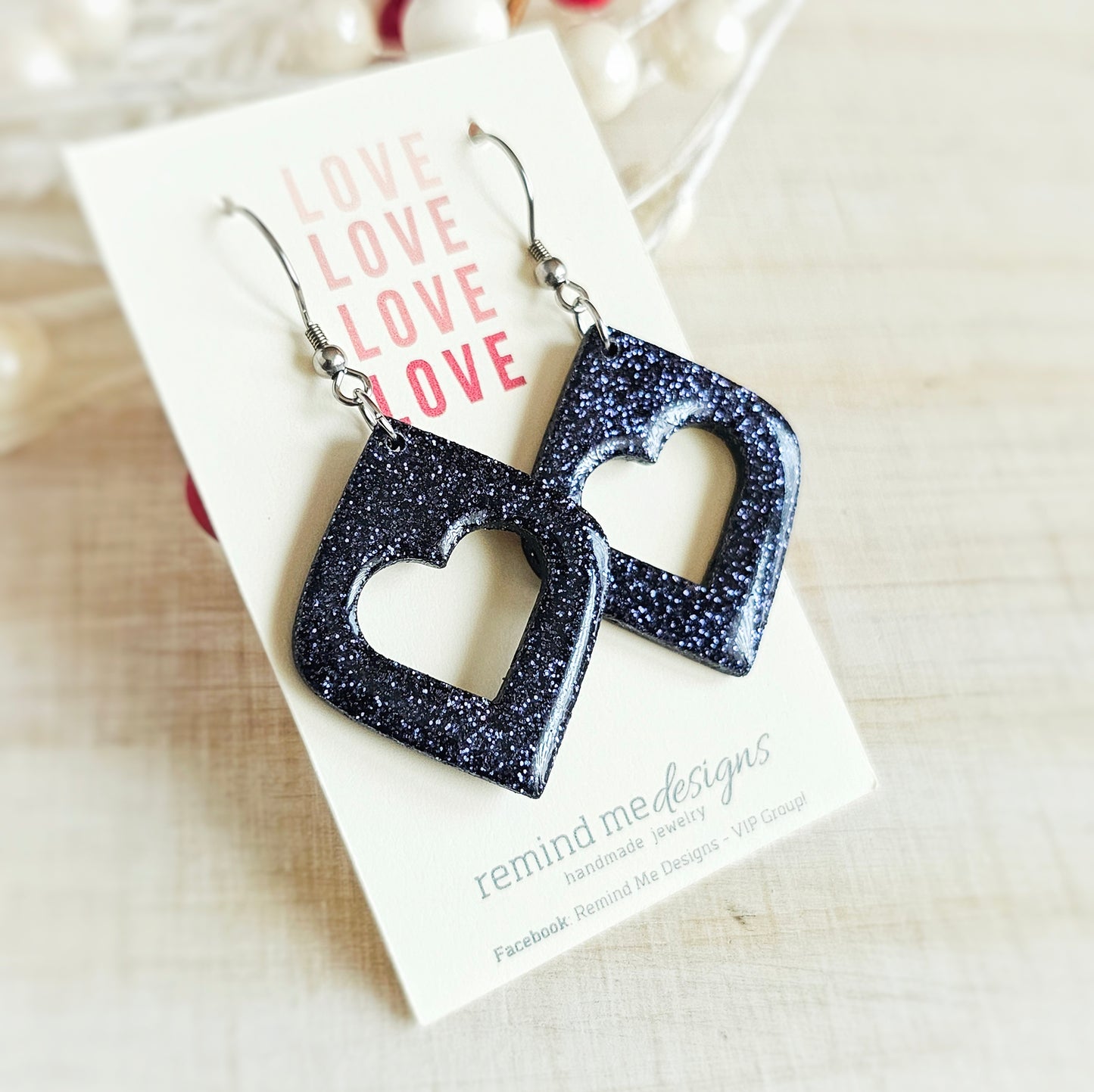 Dark Blue Glitter Heart Valentine's Clay Dangle Earrings