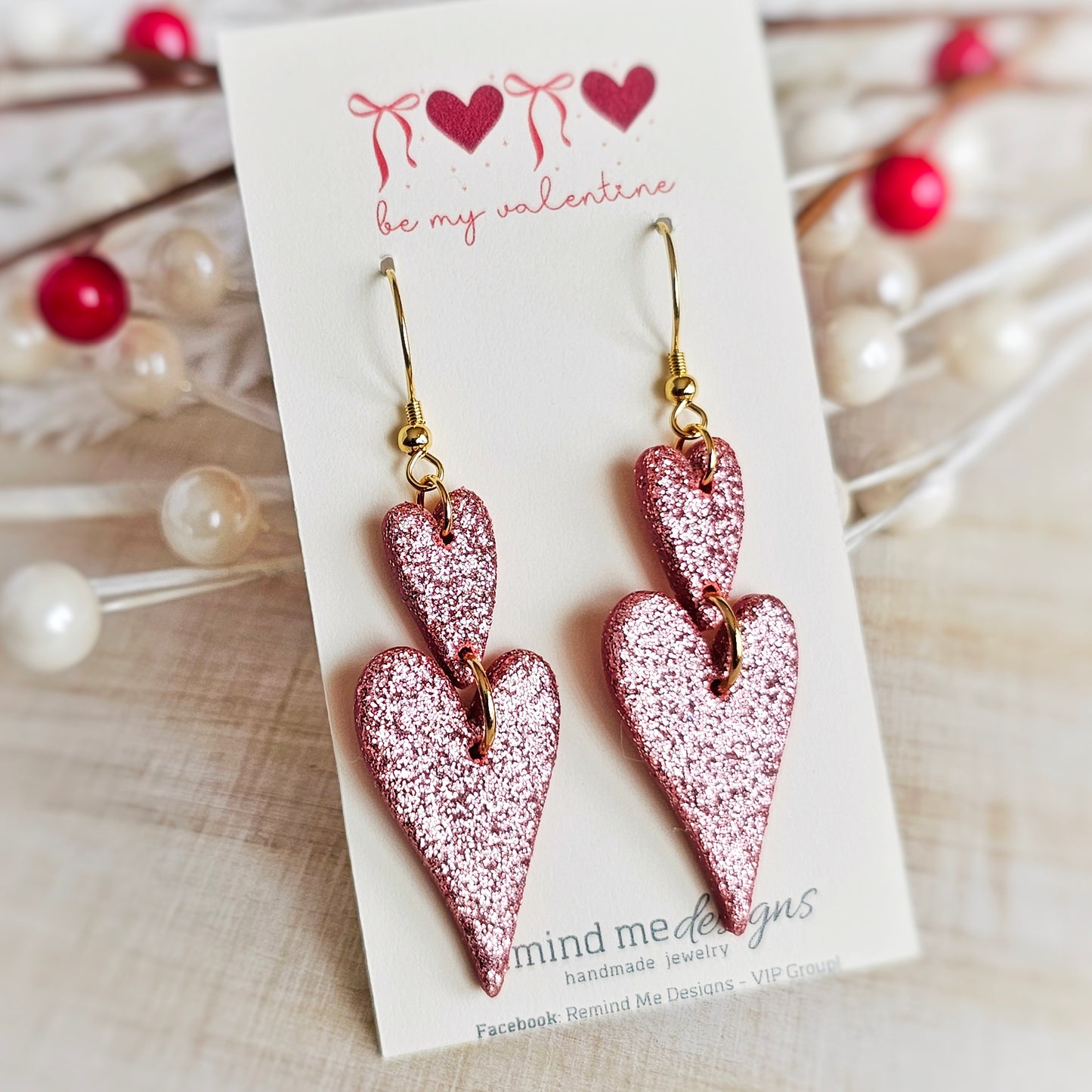 Pink Glitter Hearts | Valentine's Clay Dangle Earrings
