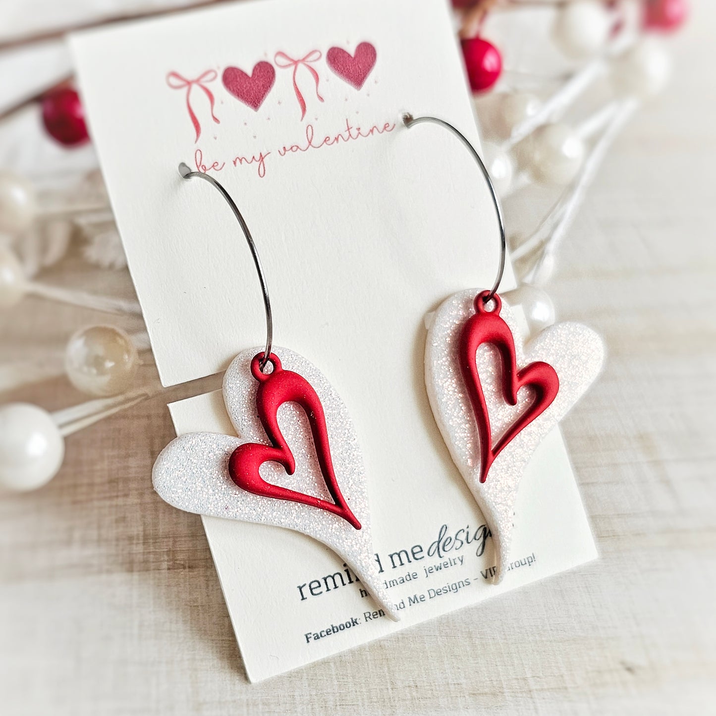 White Glitter and Red Hearts | Valentine's Clay Dangle Hoops Earrings