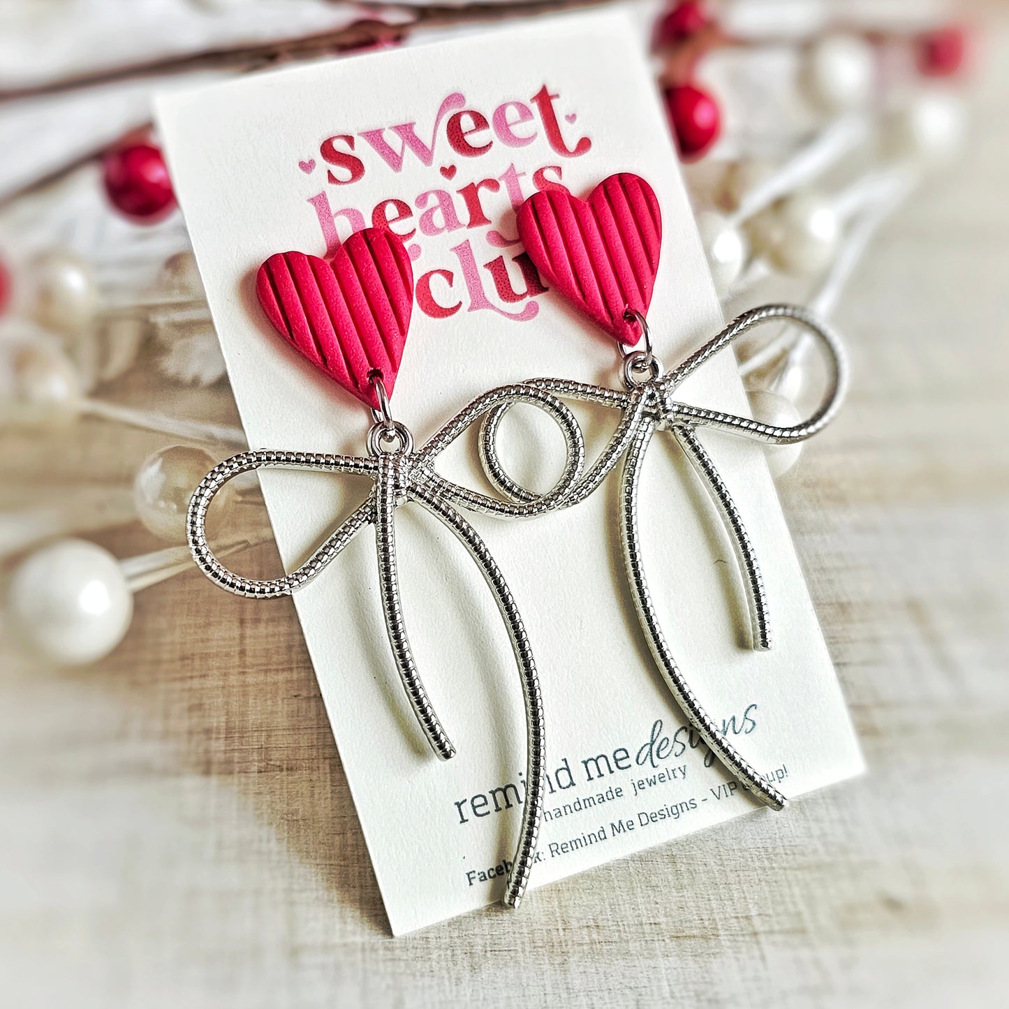 Red Heart Bow Valentine's Clay Dangle Earrings