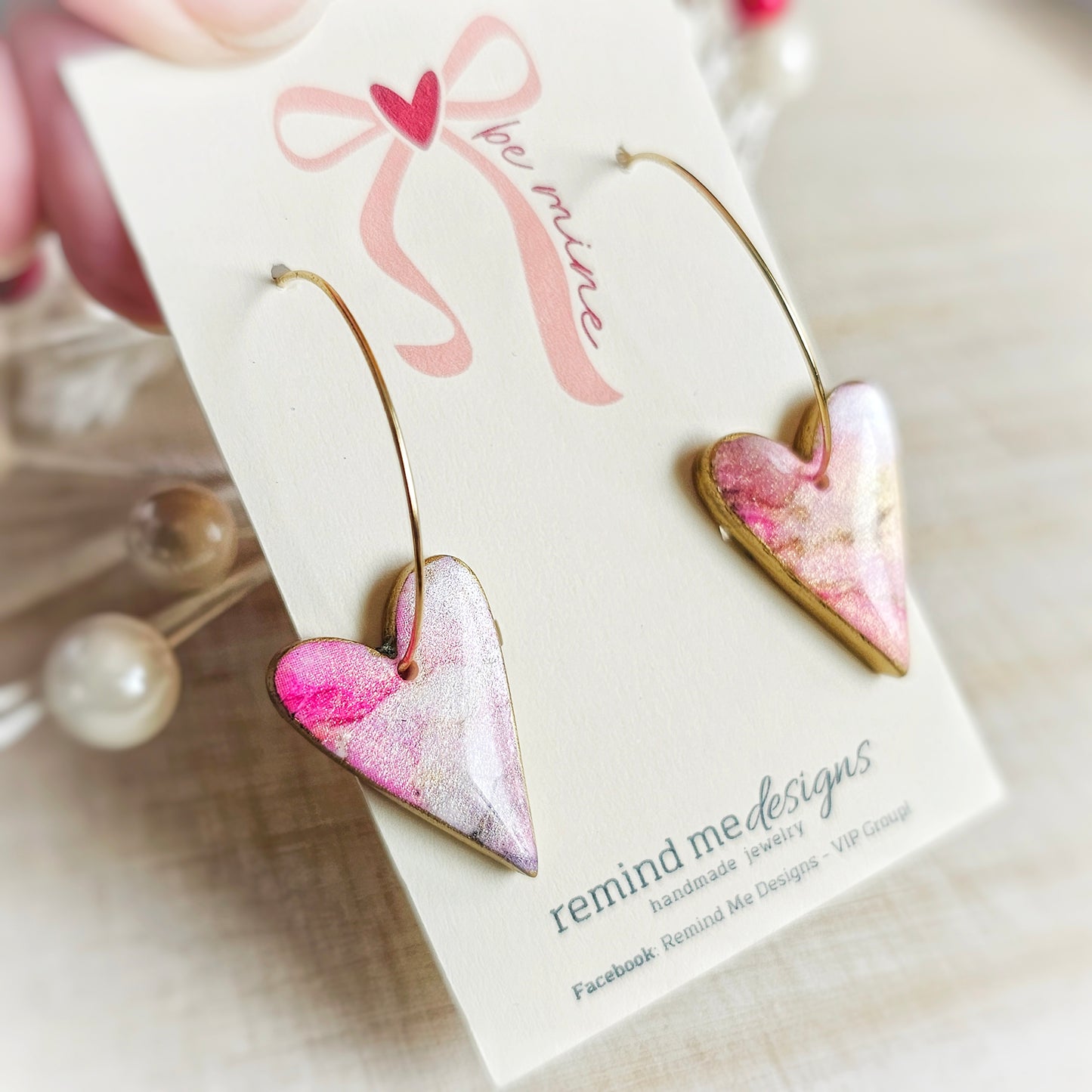 Marbled Pink Pearl Heart Valentine's Clay Dangle Hoops