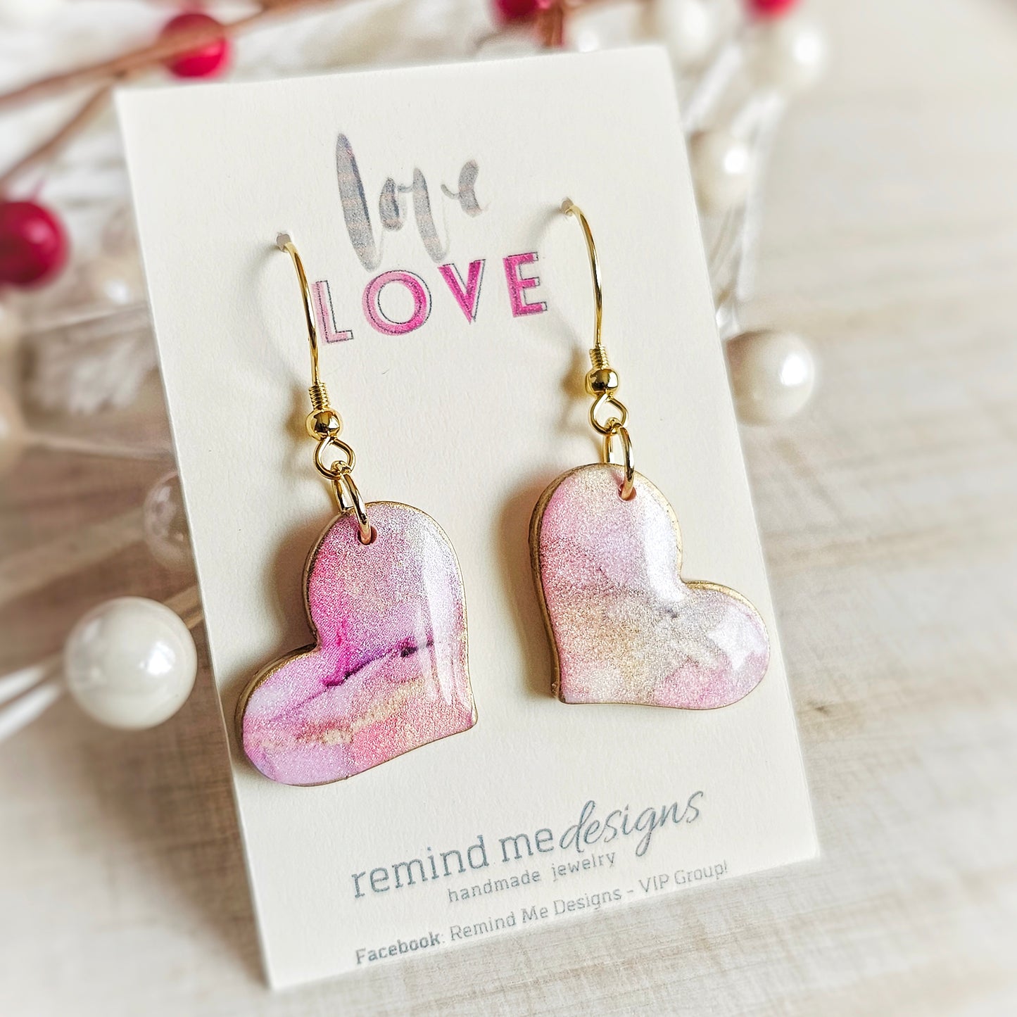 Marbled Pink Pearl Heart Valentine's Clay Dangle Earrings