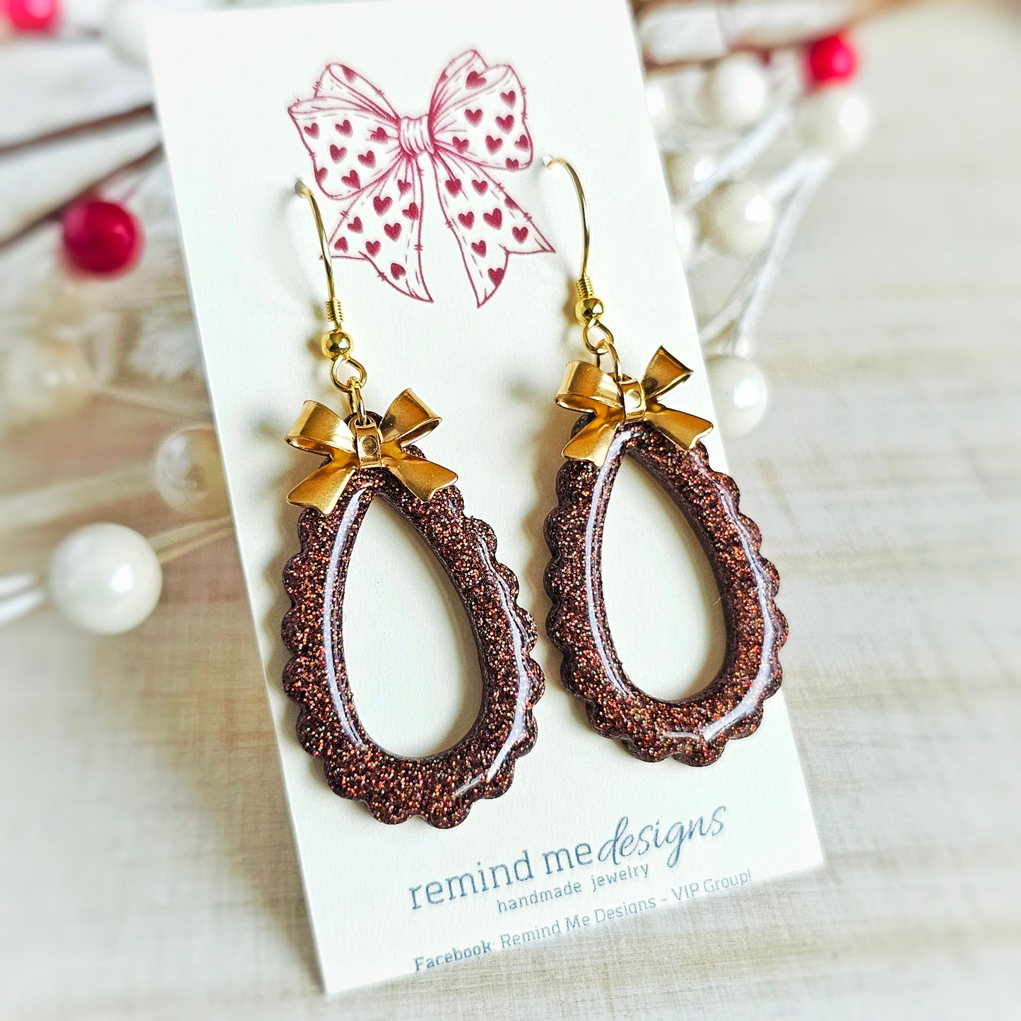 Brown Glitter Teardrop and Bow Valentine's Clay Dangles